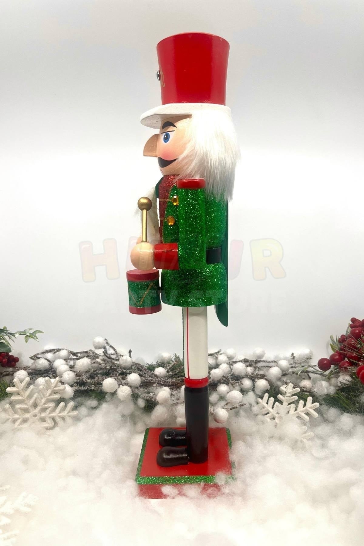 40 Cm Davullu Fındıkkıran Yeşil Kırmızı Renkli Kurşun Asker Simli Nutcracker Yeni Yıl Yılbaşı Dekoru