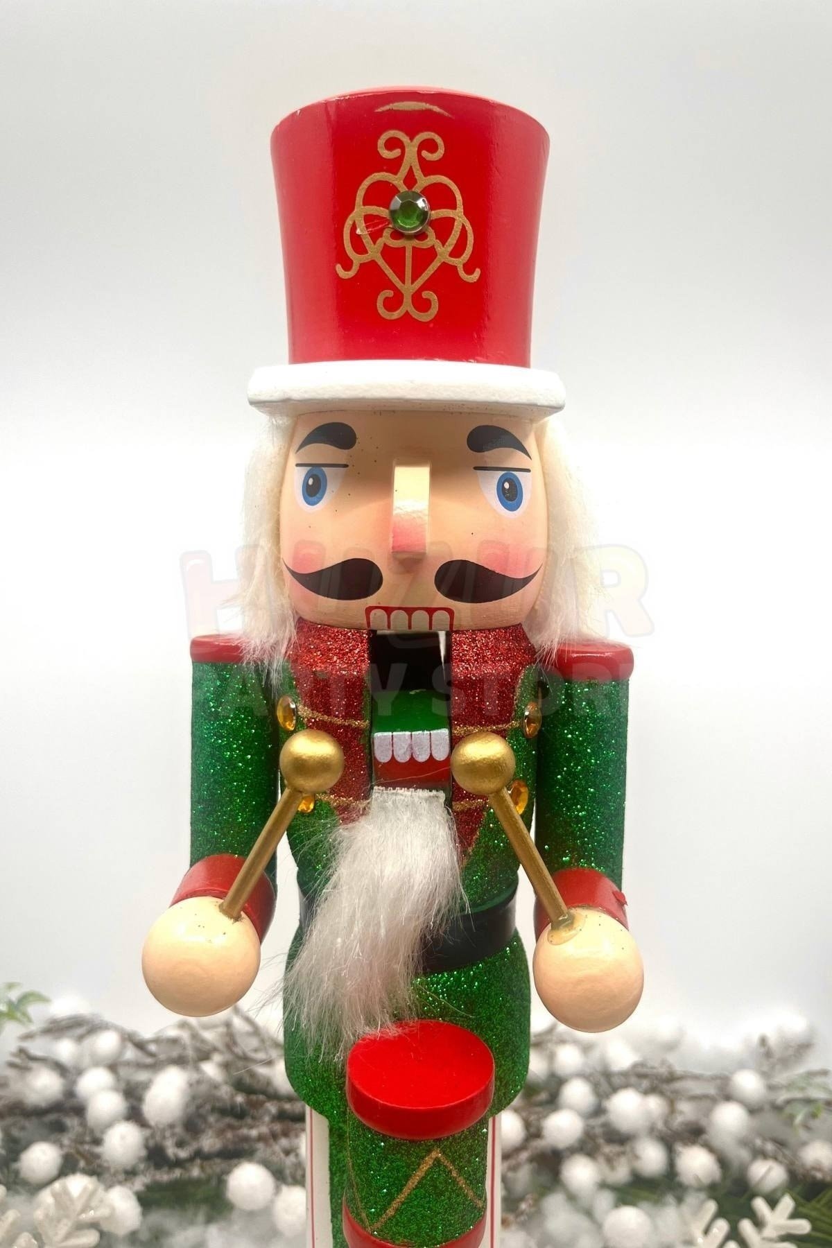 40 Cm Davullu Fındıkkıran Yeşil Kırmızı Renkli Kurşun Asker Simli Nutcracker Yeni Yıl Yılbaşı Dekoru