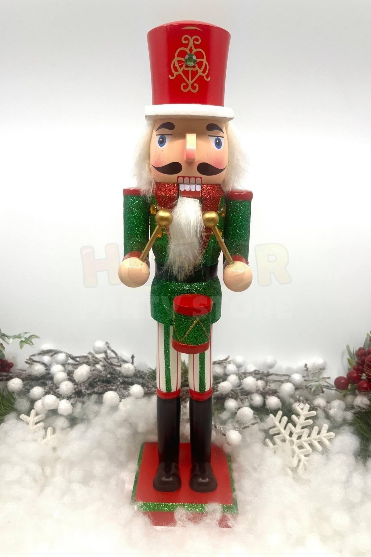 40 Cm Davullu Fındıkkıran Yeşil Kırmızı Renkli Kurşun Asker Simli Nutcracker Yeni Yıl Yılbaşı Dekoru