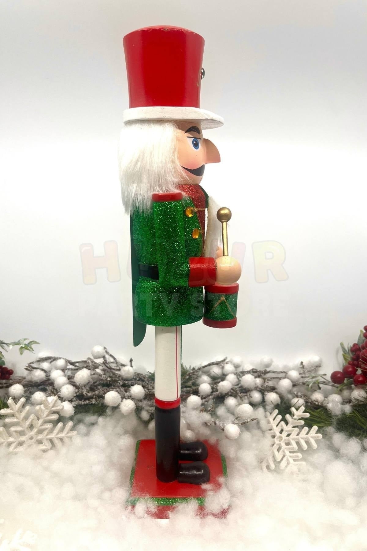 40 Cm Davullu Fındıkkıran Yeşil Kırmızı Renkli Kurşun Asker Simli Nutcracker Yeni Yıl Yılbaşı Dekoru