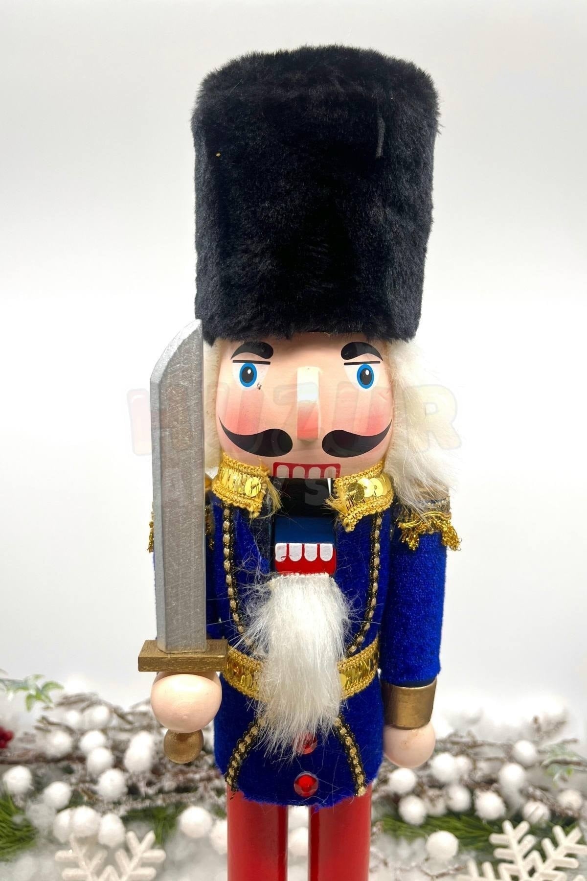 40 Cm Kılıçlı Fındıkkıran Lacivert Renkli Kurşun Asker Siyah Kavuklu Nutcracker Yılbaşı Dekoru
