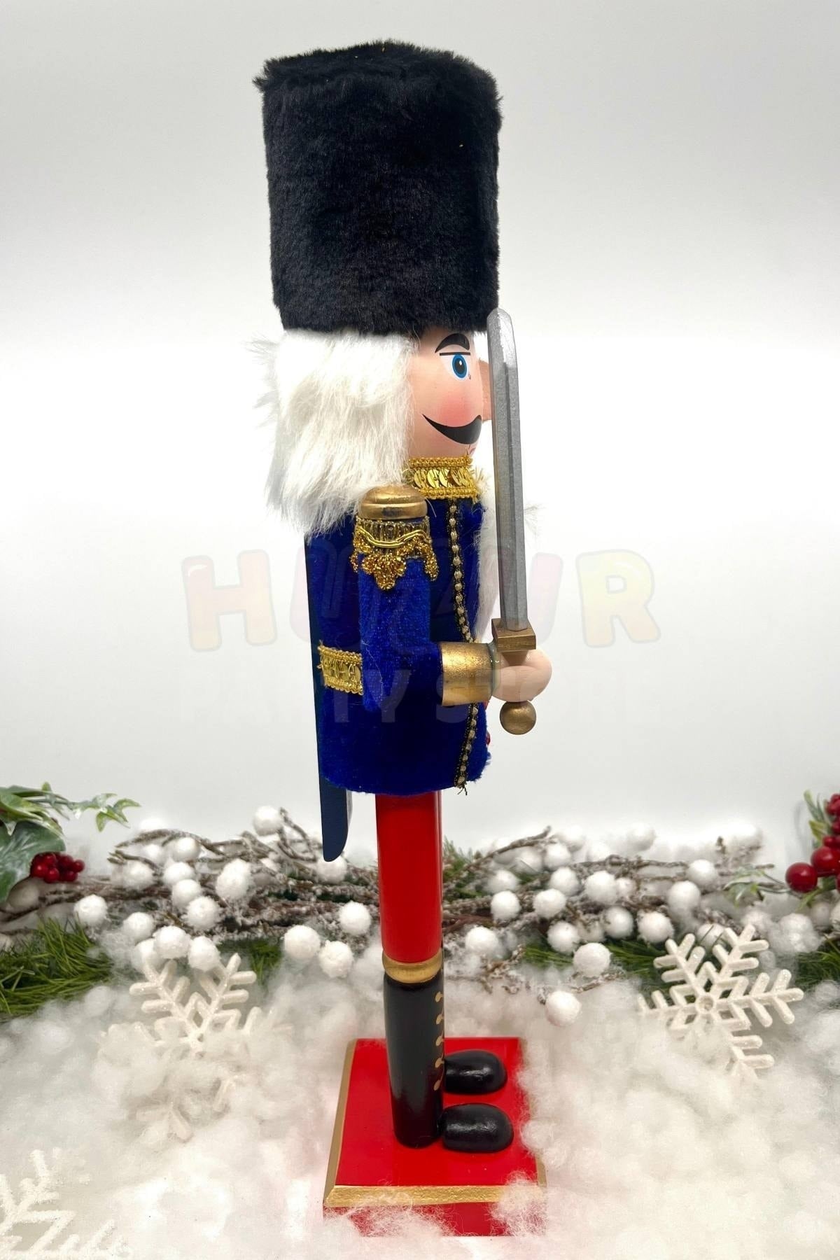 40 Cm Kılıçlı Fındıkkıran Lacivert Renkli Kurşun Asker Siyah Kavuklu Nutcracker Yılbaşı Dekoru