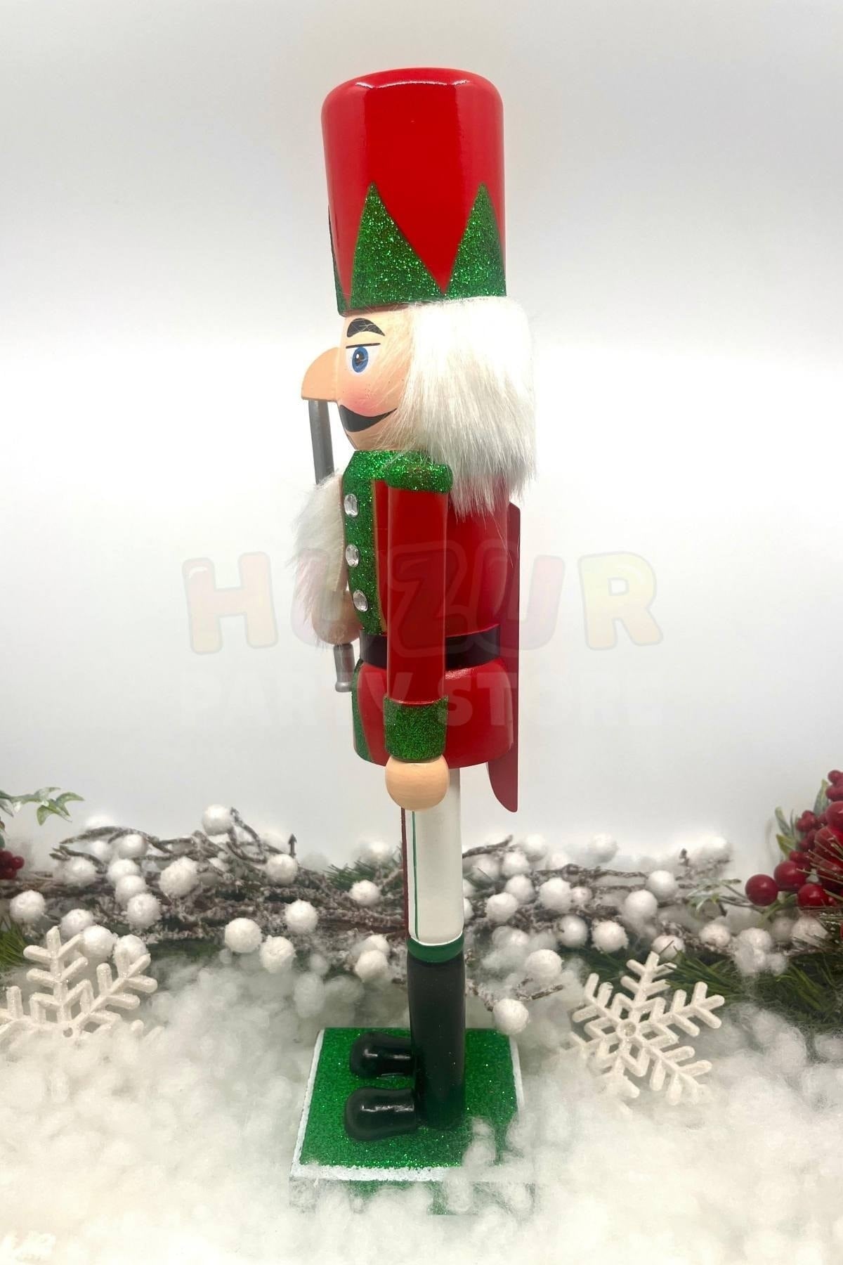 40 Cm Kılıçlı Fındıkkıran Yeşil Kırmızı Renkli Kurşun Asker Simli Nutcracker Yeni Yıl Yılbaşı Dekoru