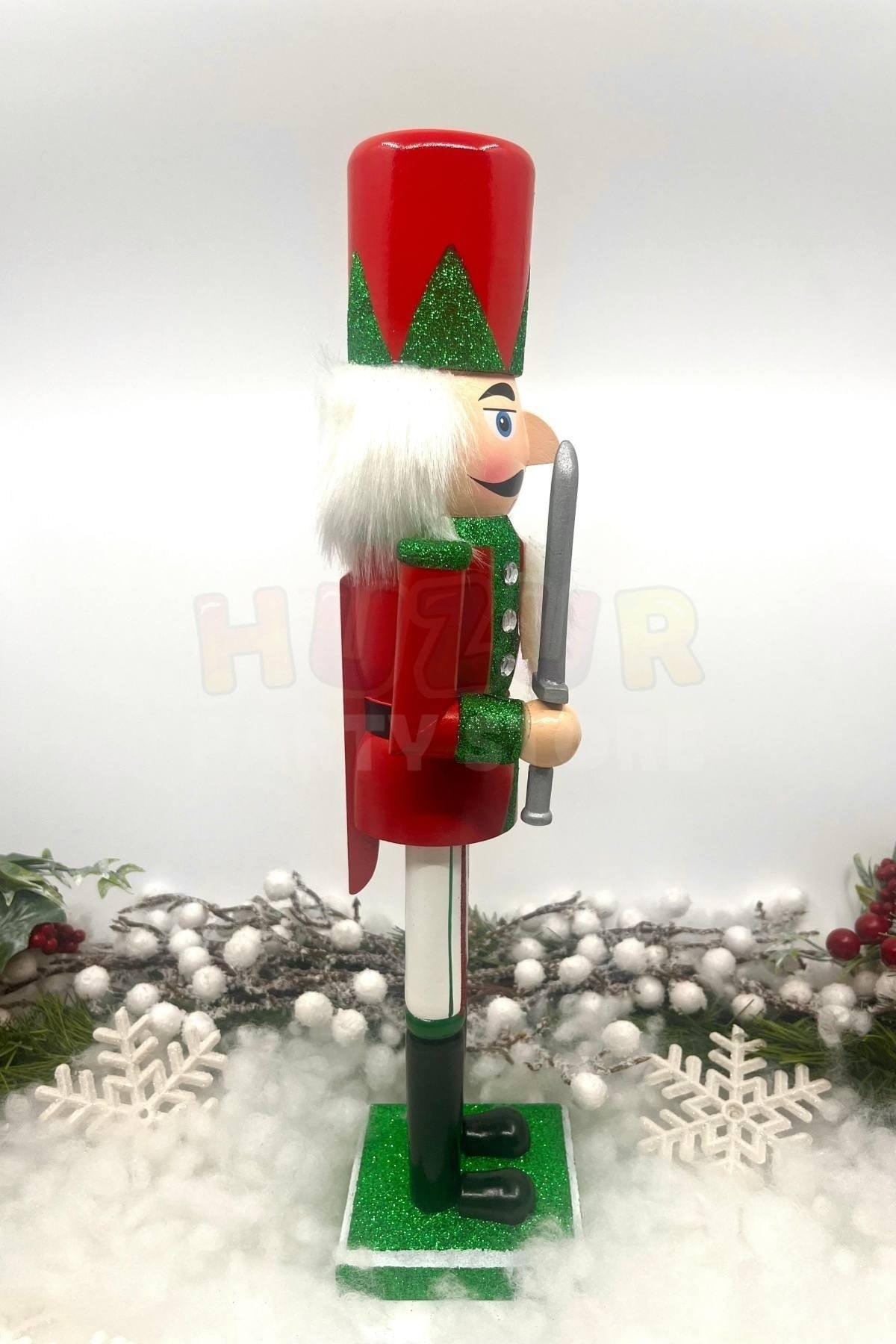 40 Cm Kılıçlı Fındıkkıran Yeşil Kırmızı Renkli Kurşun Asker Simli Nutcracker Yeni Yıl Yılbaşı Dekoru