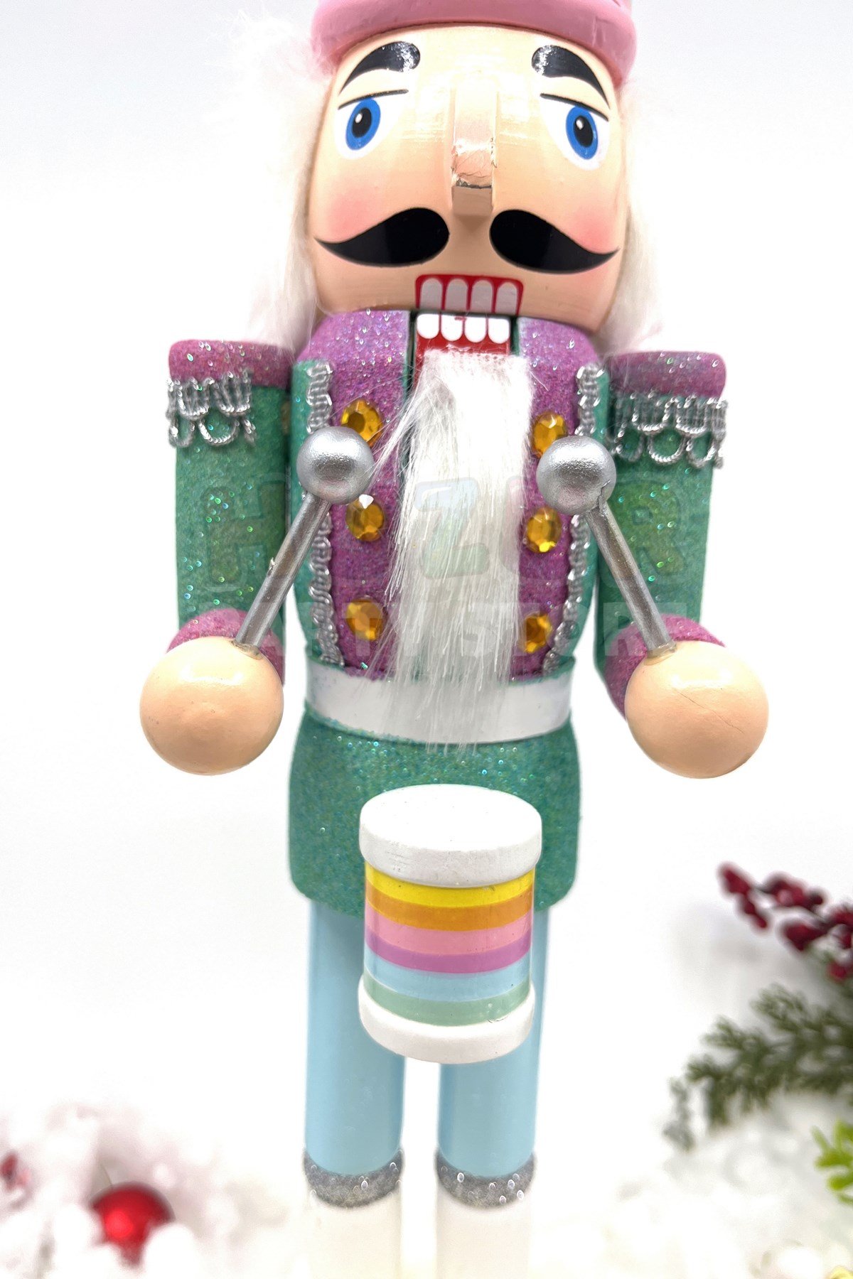 40 Cm Makaron Renkli Fındıkkıran Davullu Kurşun Asker Orijinal El Yapımı Pastel Tahta Ahşap Adam