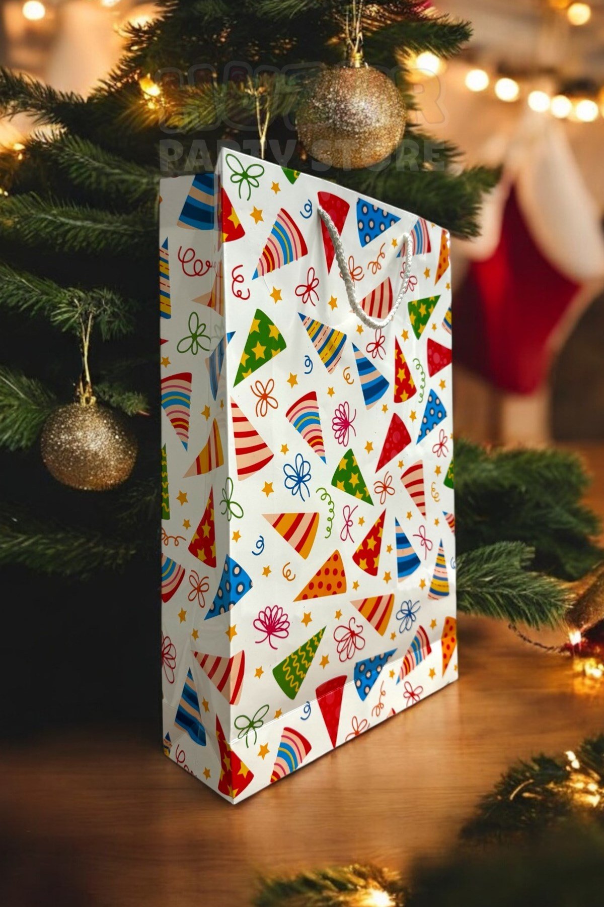 40x26 Cm Parti Şapkası Baskılı Yılbaşı Sert Hediyelik Karton Çanta I?pli Hediye Yeni Yıl Çantası