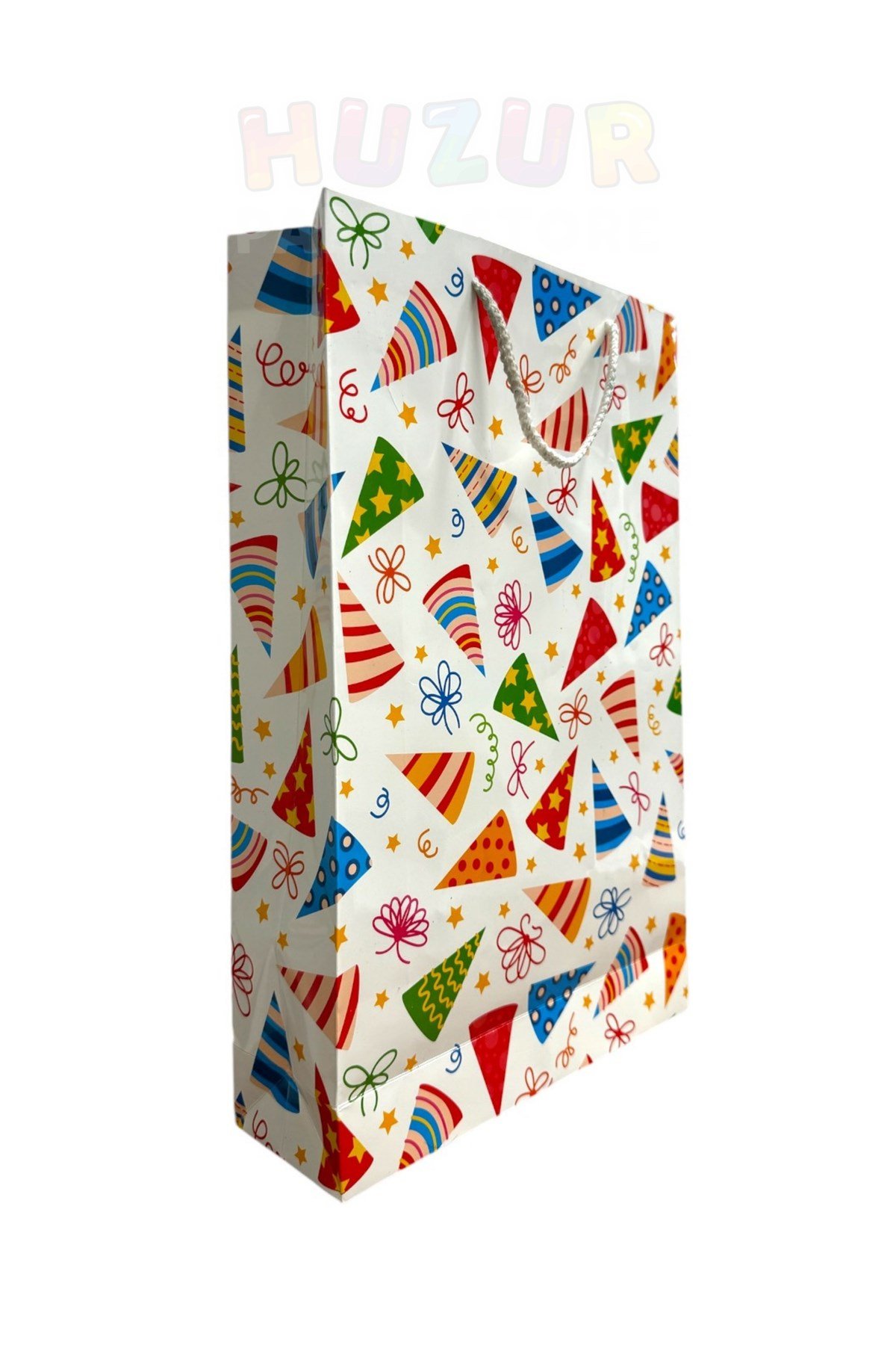 40x26 Cm Parti Şapkası Baskılı Yılbaşı Sert Hediyelik Karton Çanta I?pli Hediye Yeni Yıl Çantası