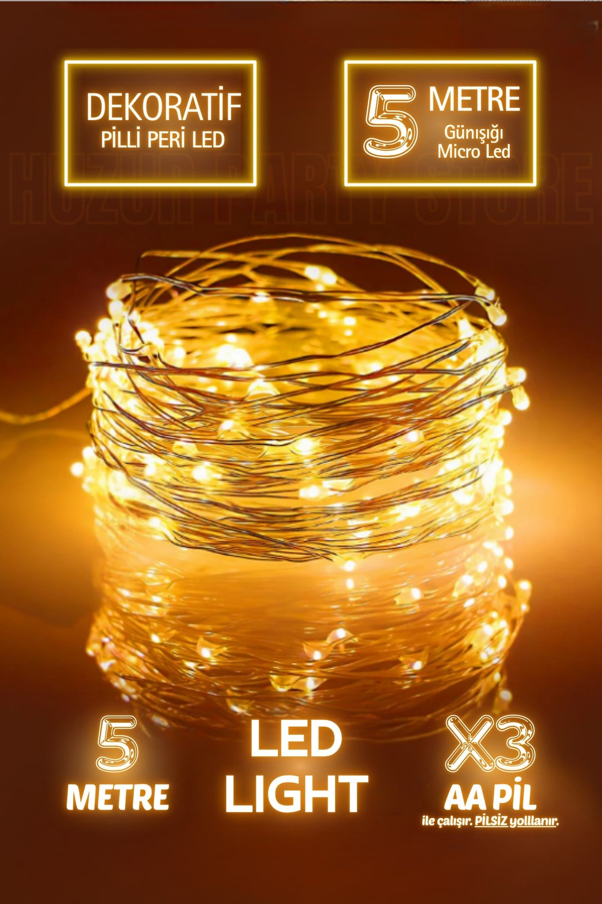 5 Metre Günışığı Ramazan Bayramı Işığı Süsü Peri Led Işık Sarı Işıklı Dekoratif Pilli Ledli Lamba