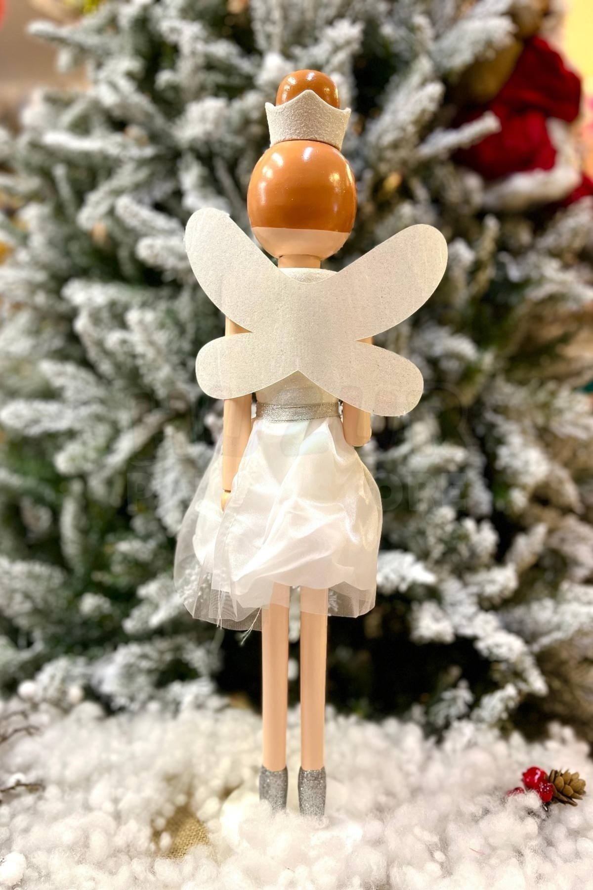 55 Cm Taçlı Melek Fındıkkıran Beyaz Renkli Yıldız Asalı Nutcracker Simli Yılbaşı Yeni Yıl Dekoru
