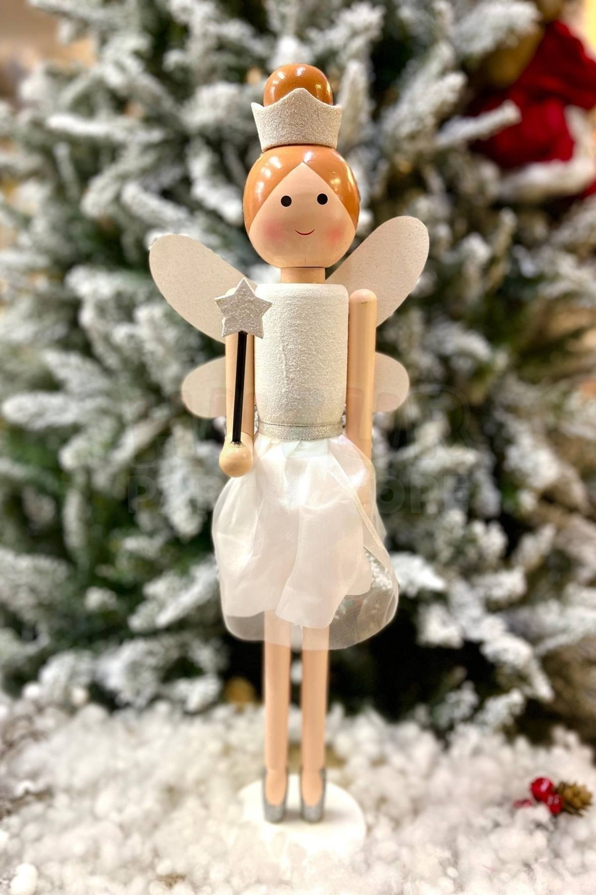 55 Cm Taçlı Melek Fındıkkıran Beyaz Renkli Yıldız Asalı Nutcracker Simli Yılbaşı Yeni Yıl Dekoru
