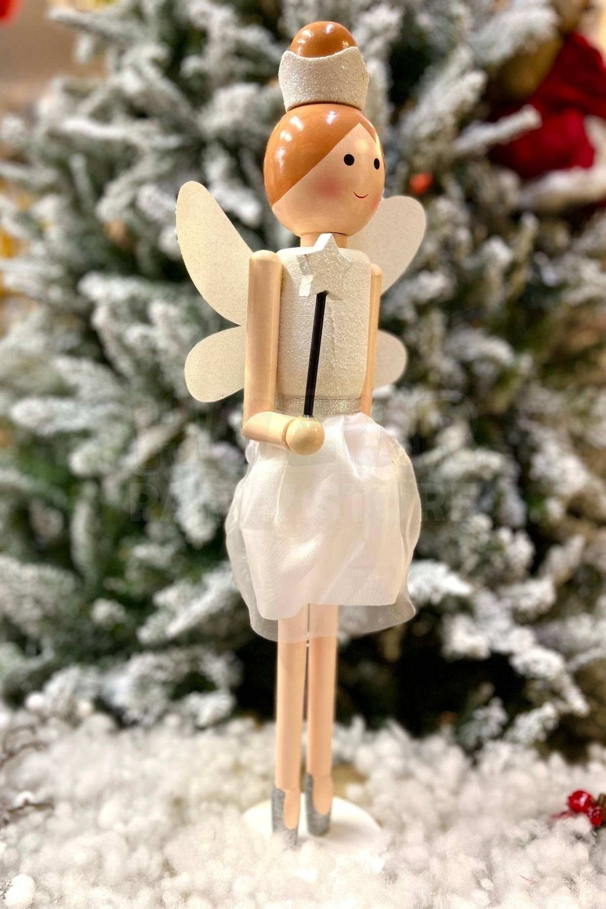 55 Cm Taçlı Melek Fındıkkıran Beyaz Renkli Yıldız Asalı Nutcracker Simli Yılbaşı Yeni Yıl Dekoru