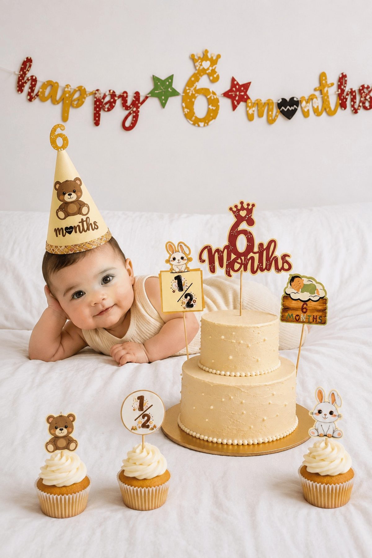6 Ay Doğum Günü Parti Seti Happy 6 Months Banner Şapka Pasta Süsü Kürdan Süs Yarım Yaş Konsepti