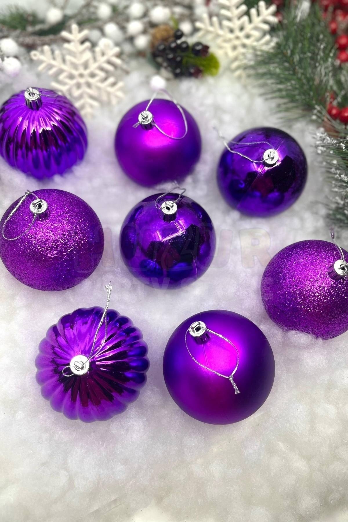 8li Mor Renkli Cici Top 8 Cm Simli Mat Parlak Kabartmalı Yılbaşı Yeni Yıl Çam Ağacı Kutulu Süs