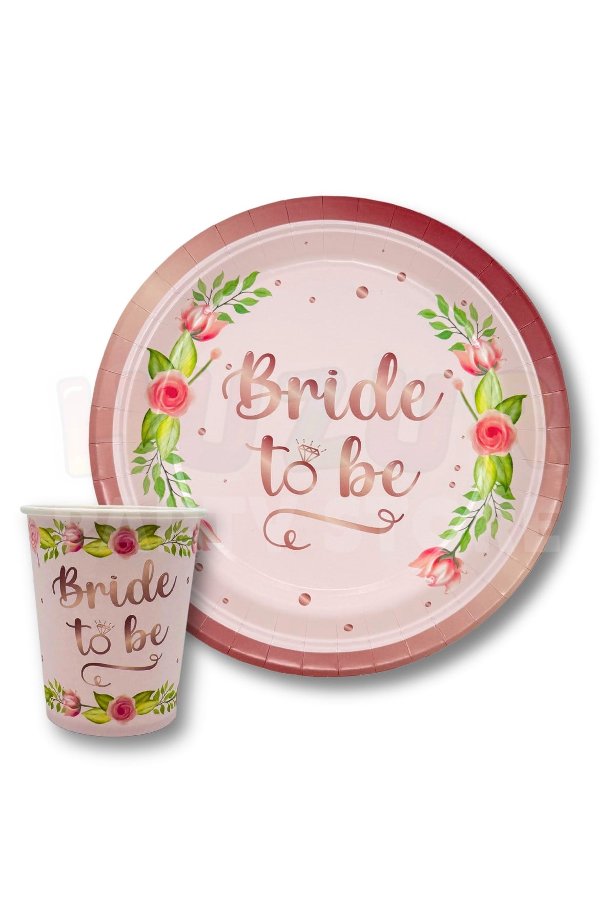 8li Tabak Bardak Seti Bride To Be Yazılı Pudra Pembe Çiçek Yüzük Detaylı Bekarlığa Veda Partisi