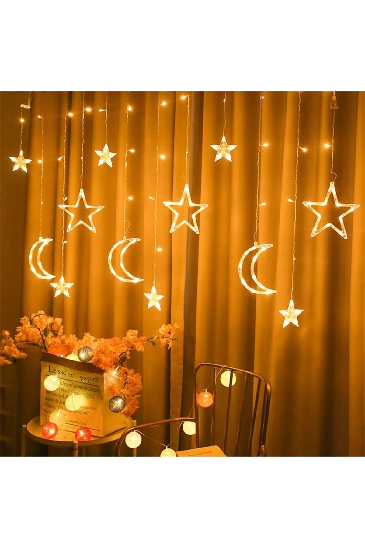 Ay Hilal Yıldız Perde Led Günışığı Ramazan Bayramı Süsü Işığı 3 Metre Sarı Fişli 12 Saçak 8 Mod