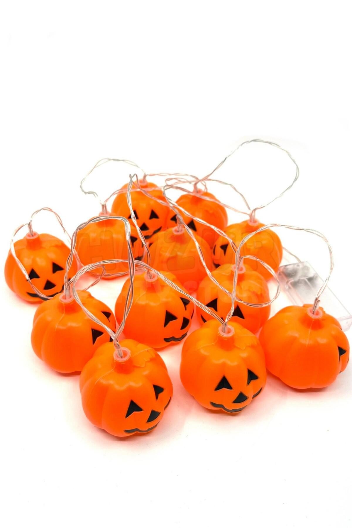 Balkabağı Led Işık Karışık Renkli 12 Kabaklı 220 Cm Pilli Halloween Cadılar Bayramı Dekor Süsü