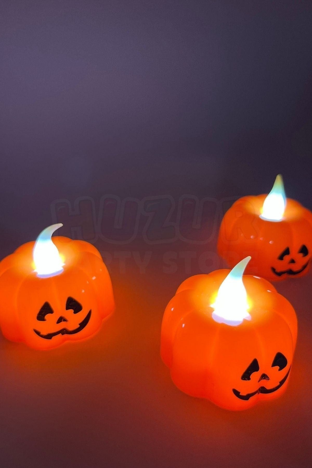 Balkabağı Şekilli Beyaz Işıklı Pilli Tealight Mum Halloween Partisi Cadılar Bayramı 3 Adet 4.5x4.5cm