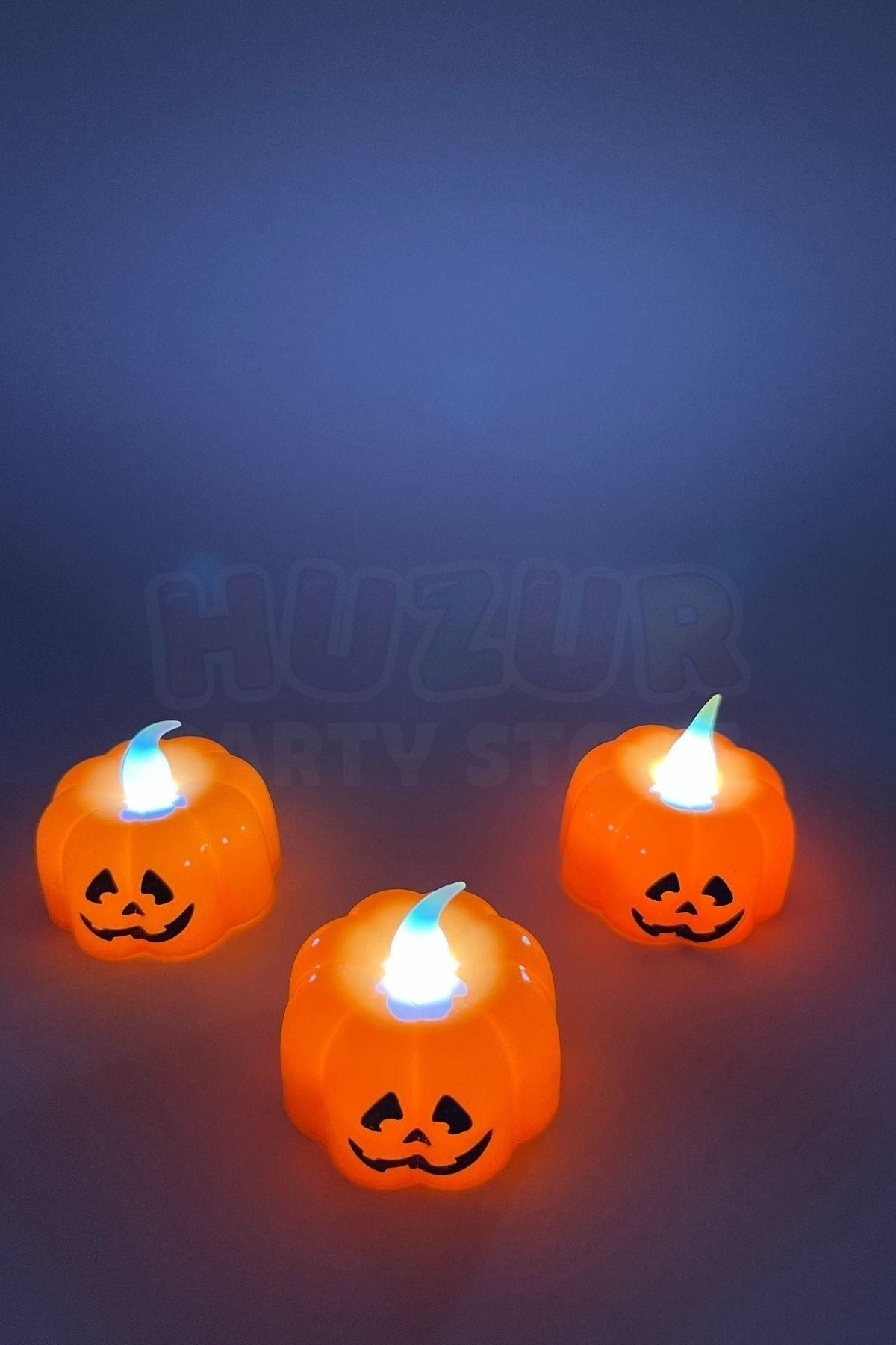 Balkabağı Şekilli Beyaz Işıklı Pilli Tealight Mum Halloween Partisi Cadılar Bayramı 3 Adet 4.5x4.5cm