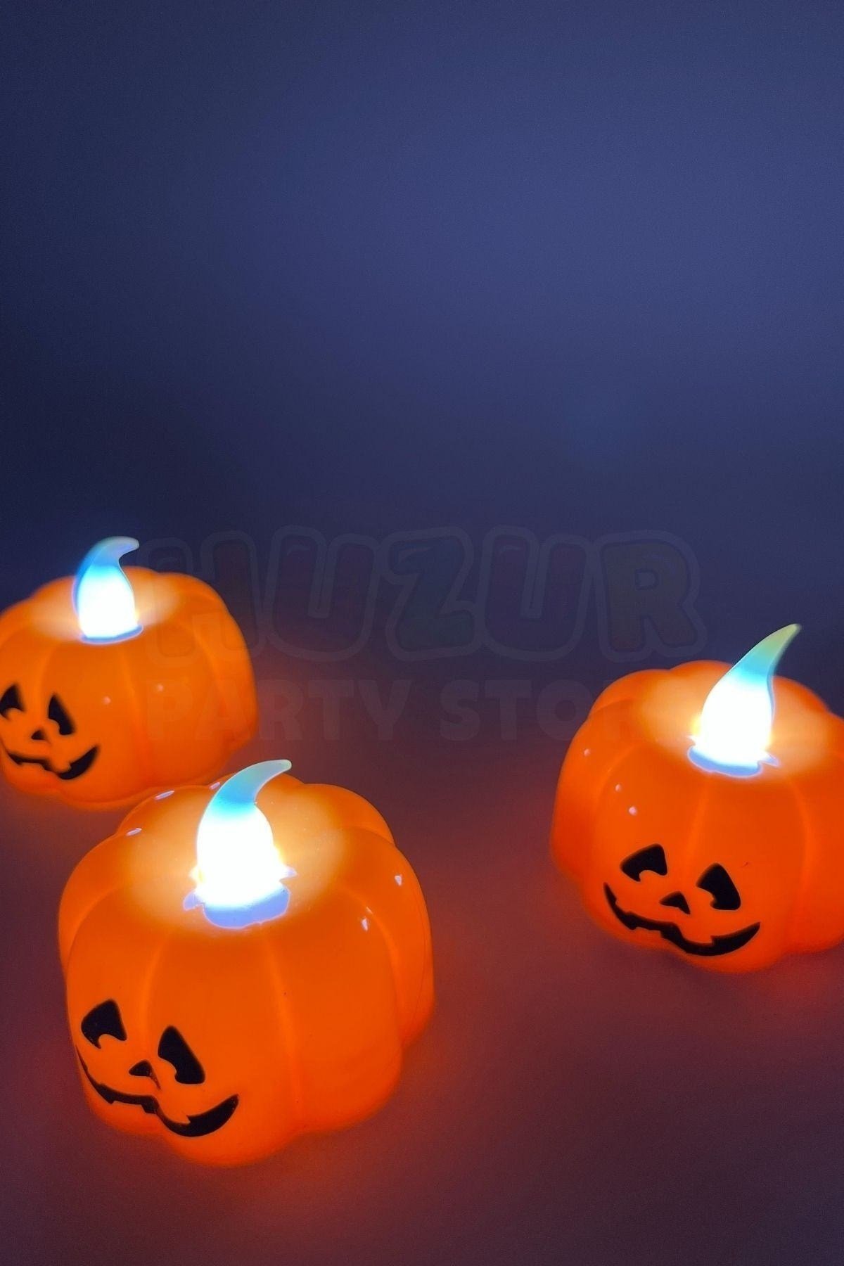 Balkabağı Şekilli Beyaz Işıklı Pilli Tealight Mum Halloween Partisi Cadılar Bayramı 3 Adet 4.5x4.5cm