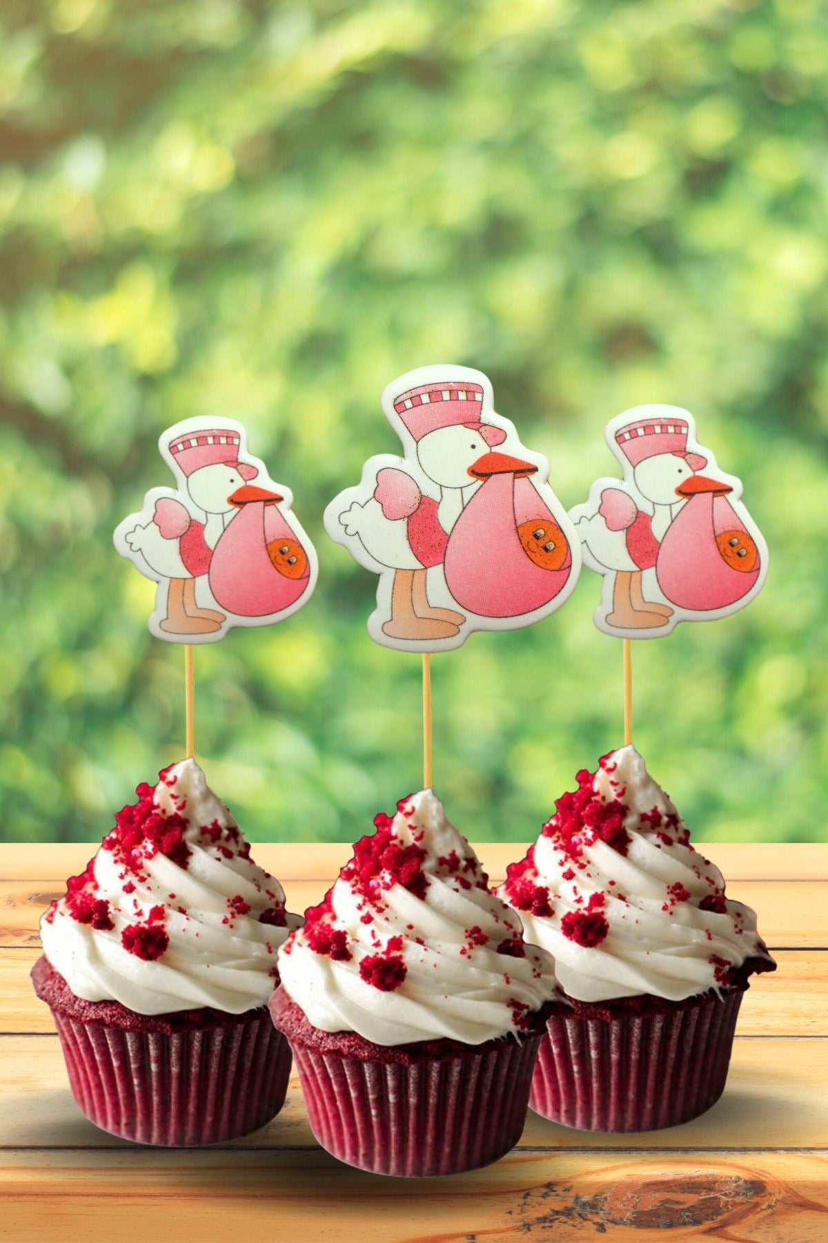Bebekli Pembe Leylek Kürdan Hoşgeldin Bebeğim 10 Adet 8 Cm Kek Kalıbı Muffin Kürdanı Kız Bebek