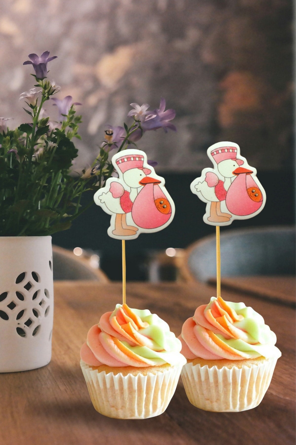 Bebekli Pembe Leylek Kürdan Hoşgeldin Bebeğim 10 Adet 8 Cm Kek Kalıbı Muffin Kürdanı Kız Bebek