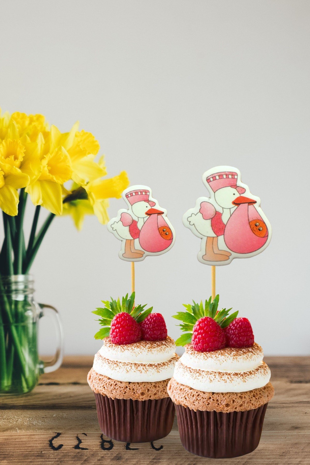 Bebekli Pembe Leylek Kürdan Hoşgeldin Bebeğim 10 Adet 8 Cm Kek Kalıbı Muffin Kürdanı Kız Bebek