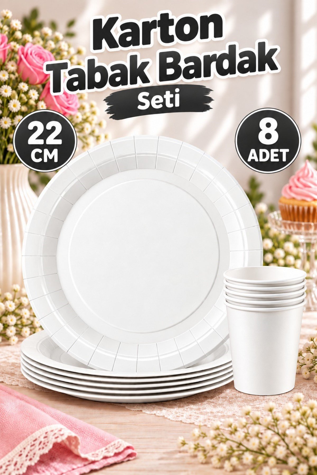 Beyaz Renkli Dayanıklı Kullan At 8 Er Adet 22 Cm Doğum Günü Partisi Karton Tabak Ve Bardak Seti