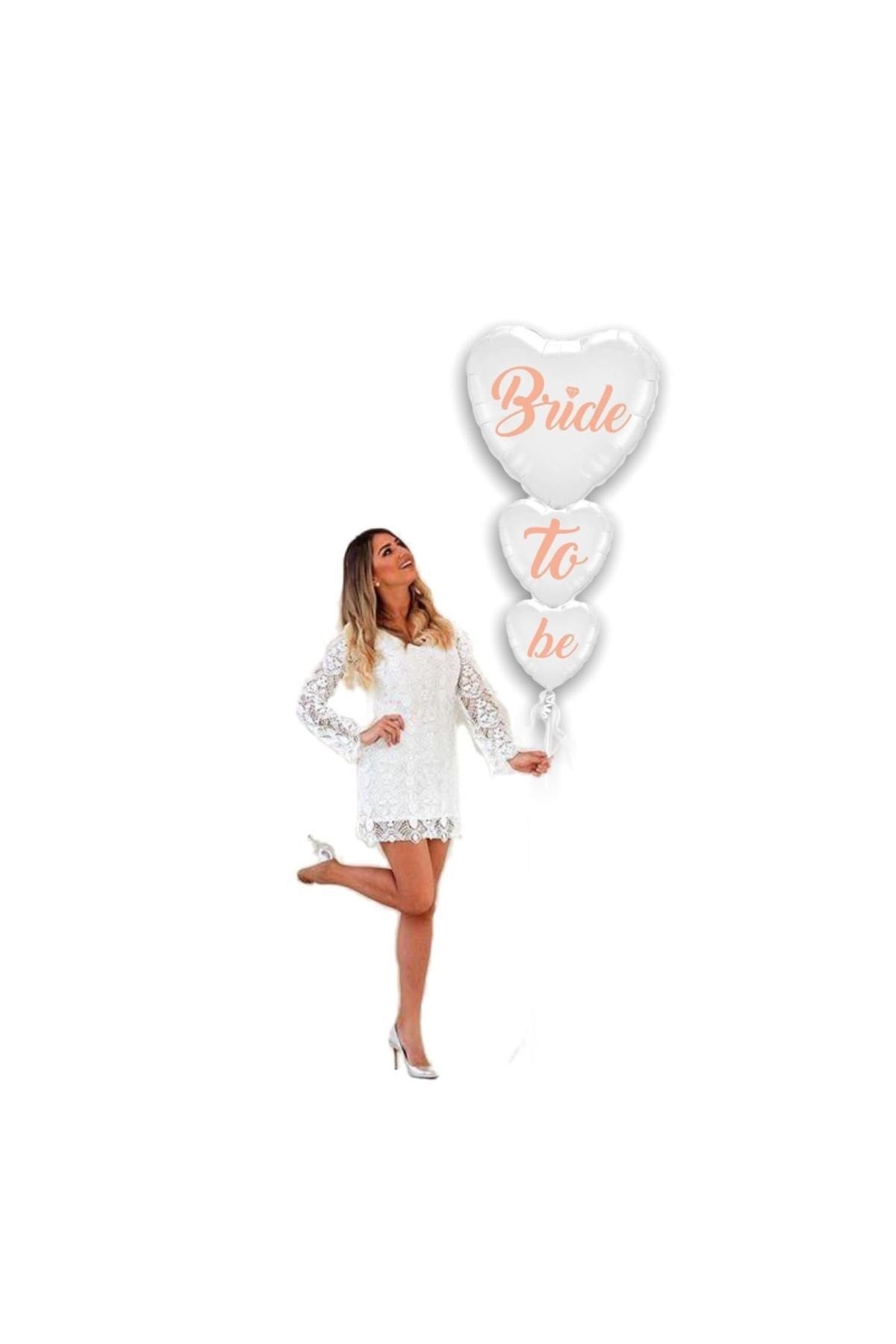 Bride To Be 3lü Folyo Balon Seti Beyaz Üstüne Rose Gold Renk Birleşik Kalpler 100 Cm Bekarlığa Veda