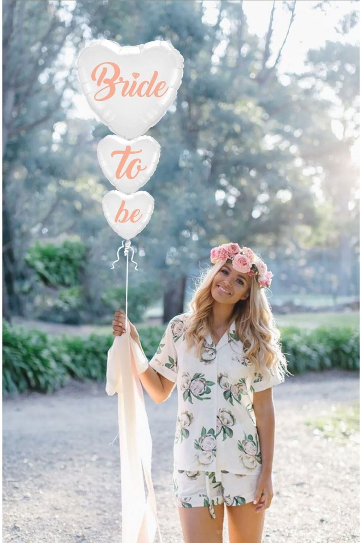 Bride To Be 3lü Folyo Balon Seti Beyaz Üstüne Rose Gold Renk Birleşik Kalpler 100 Cm Bekarlığa Veda