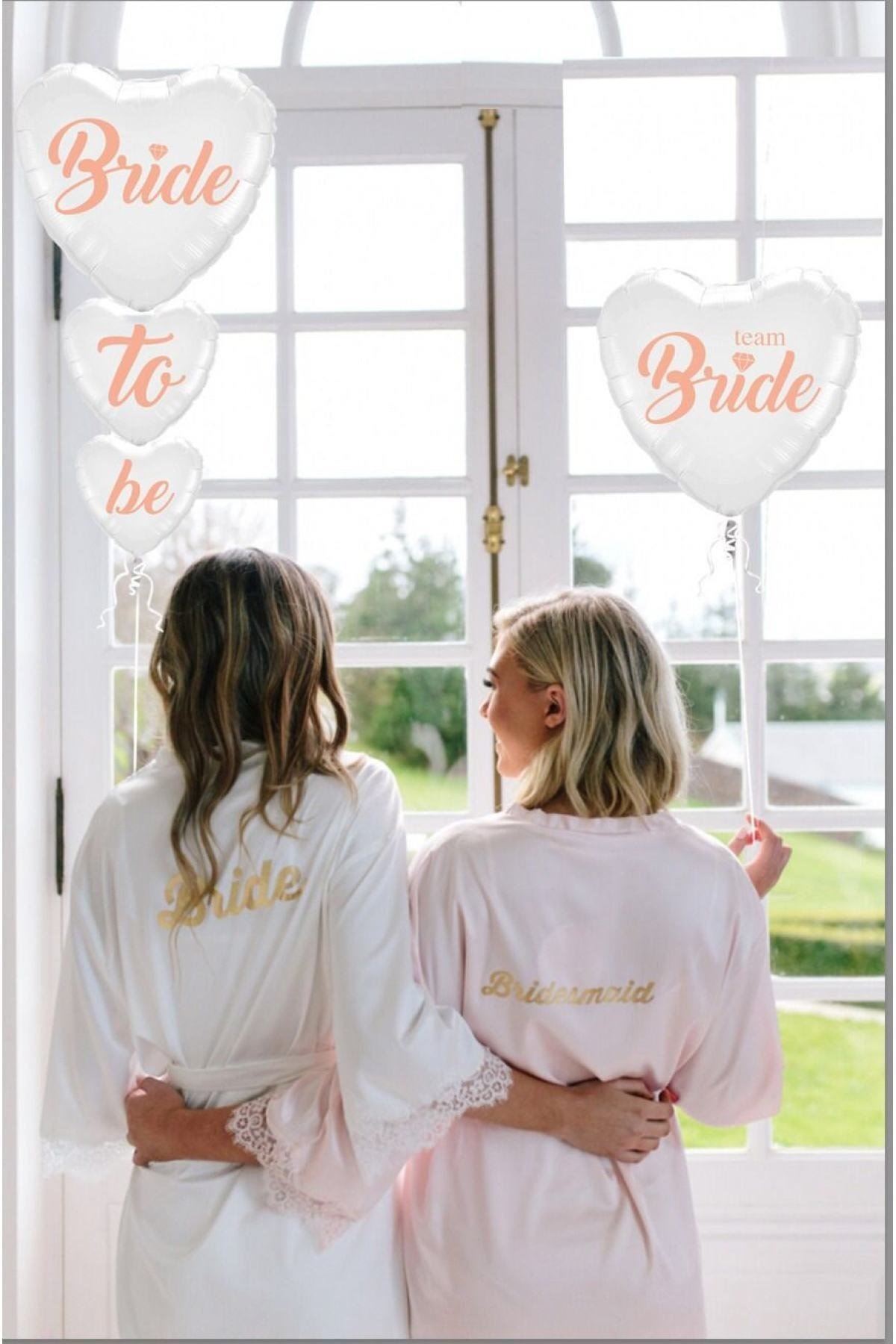 Bride To Be 5 Parça 7 Balon Folyo Kalp Set Beyaz Üstüne Rose Gold Renk 100 Cm Bekarlığa Veda Partisi