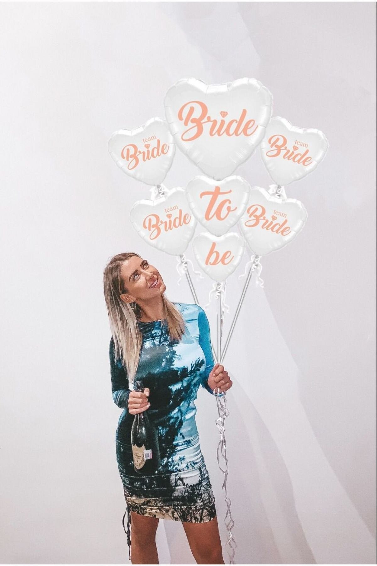 Bride To Be 5 Parça 7 Balon Folyo Kalp Set Beyaz Üstüne Rose Gold Renk 100 Cm Bekarlığa Veda Partisi