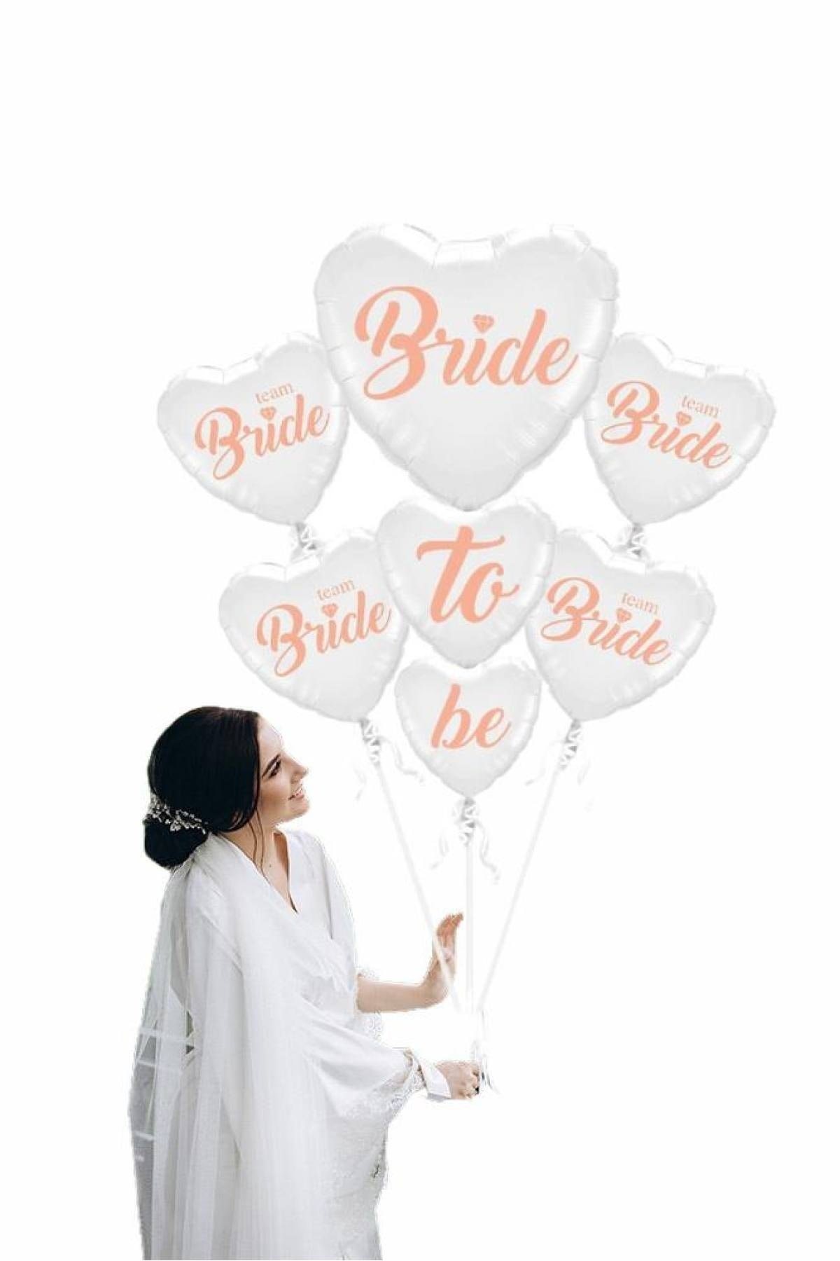 Bride To Be 5 Parça 7 Balon Folyo Kalp Set Beyaz Üstüne Rose Gold Renk 100 Cm Bekarlığa Veda Partisi
