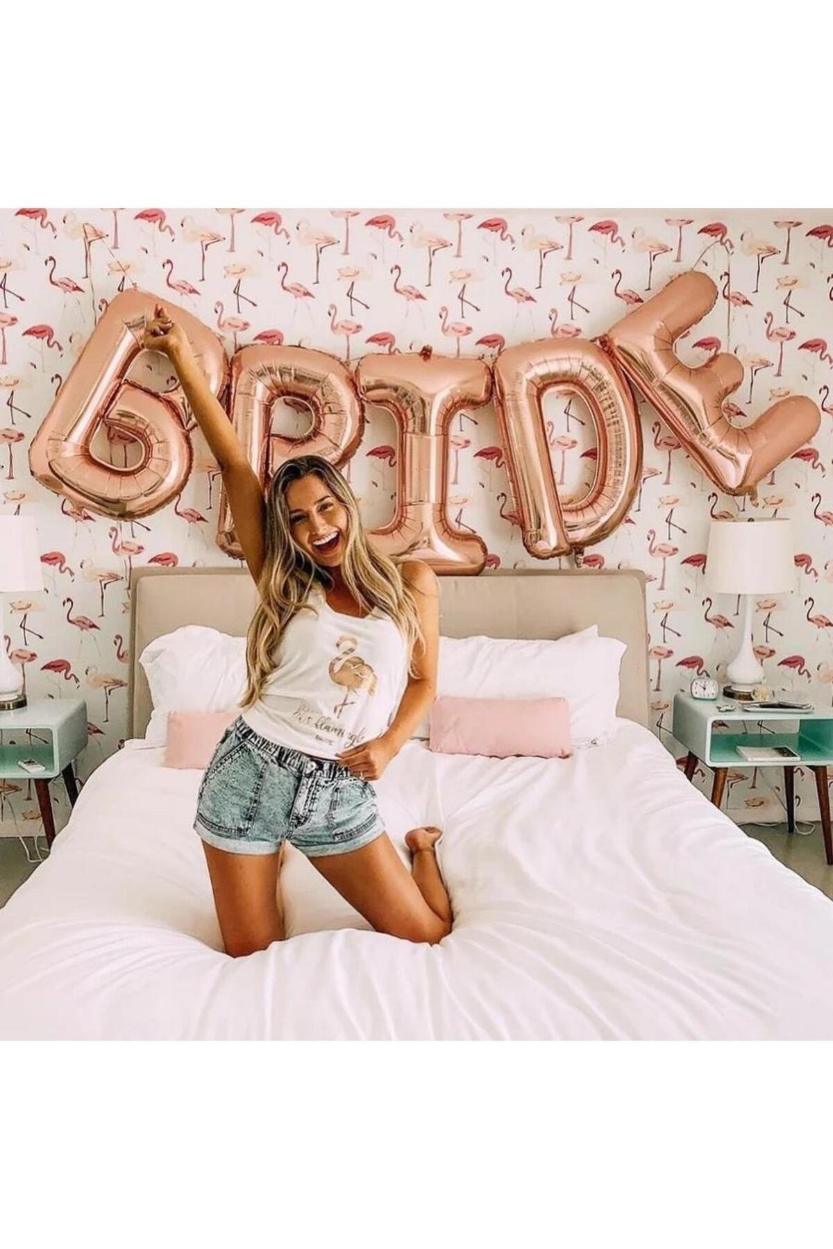Bride Yazılı 85 Cm Folyo Balon Konsepti Rose Gold Renkli Bekarlığa Veda Partisi Büyük Balon Seti