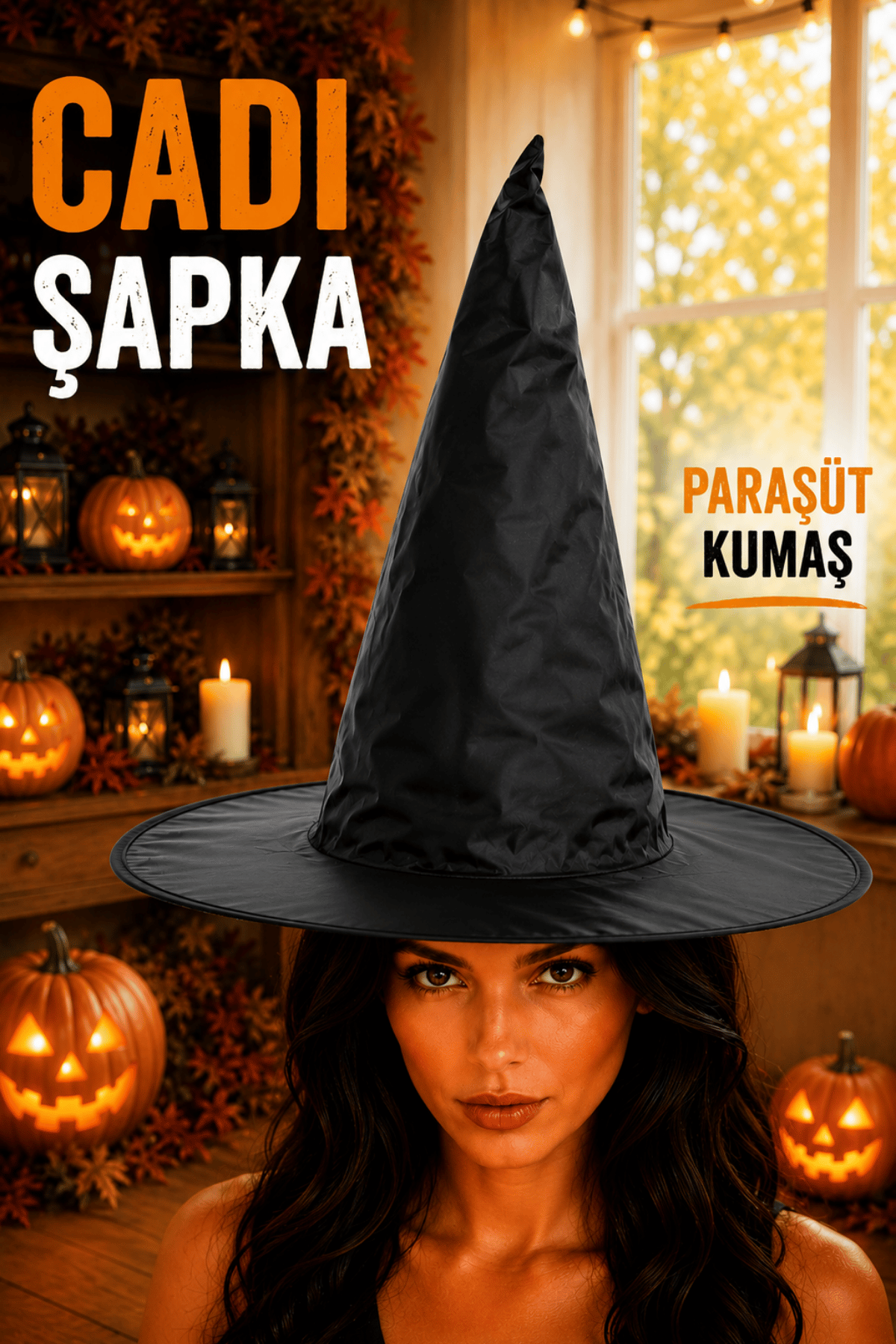 Cadı Şapkası Siyah Renk Paraşüt Kumaş Halloween Cadılar Bayramı Aksesuarı Unisex Standart Beden