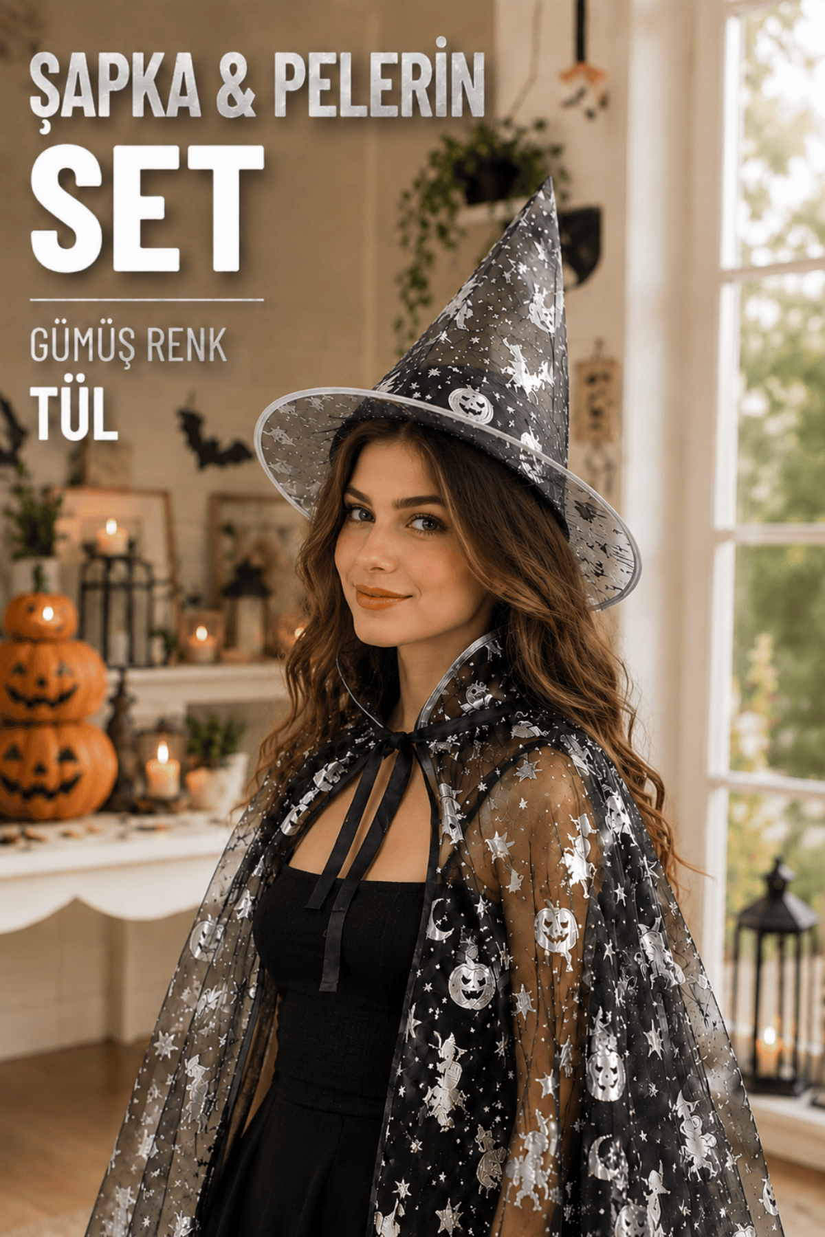 Cadılar Bayramı Pelerin Şapka Seti Gümüş Gri Cadı Yarasa Kedi Baskılı Halloween Partisi Kostümü