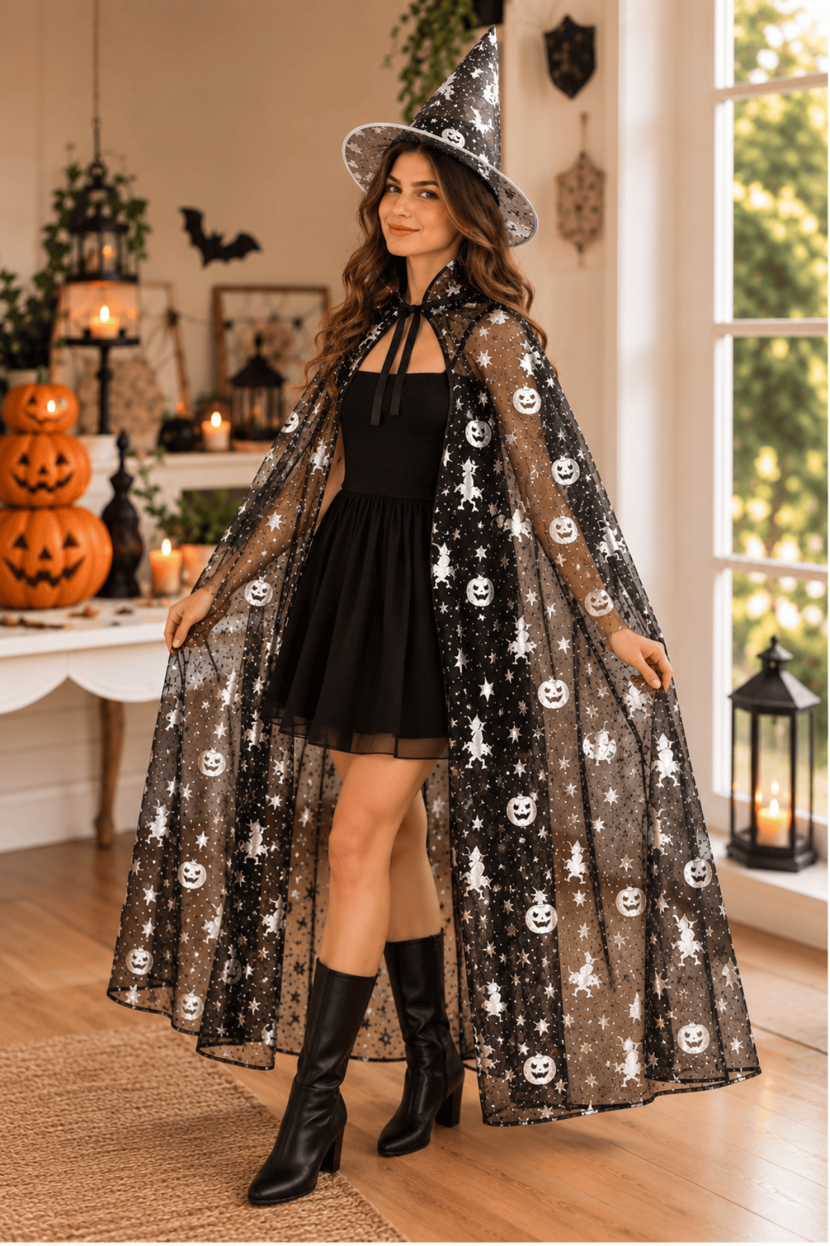 Cadılar Bayramı Pelerin Şapka Seti Gümüş Gri Cadı Yarasa Kedi Baskılı Halloween Partisi Kostümü