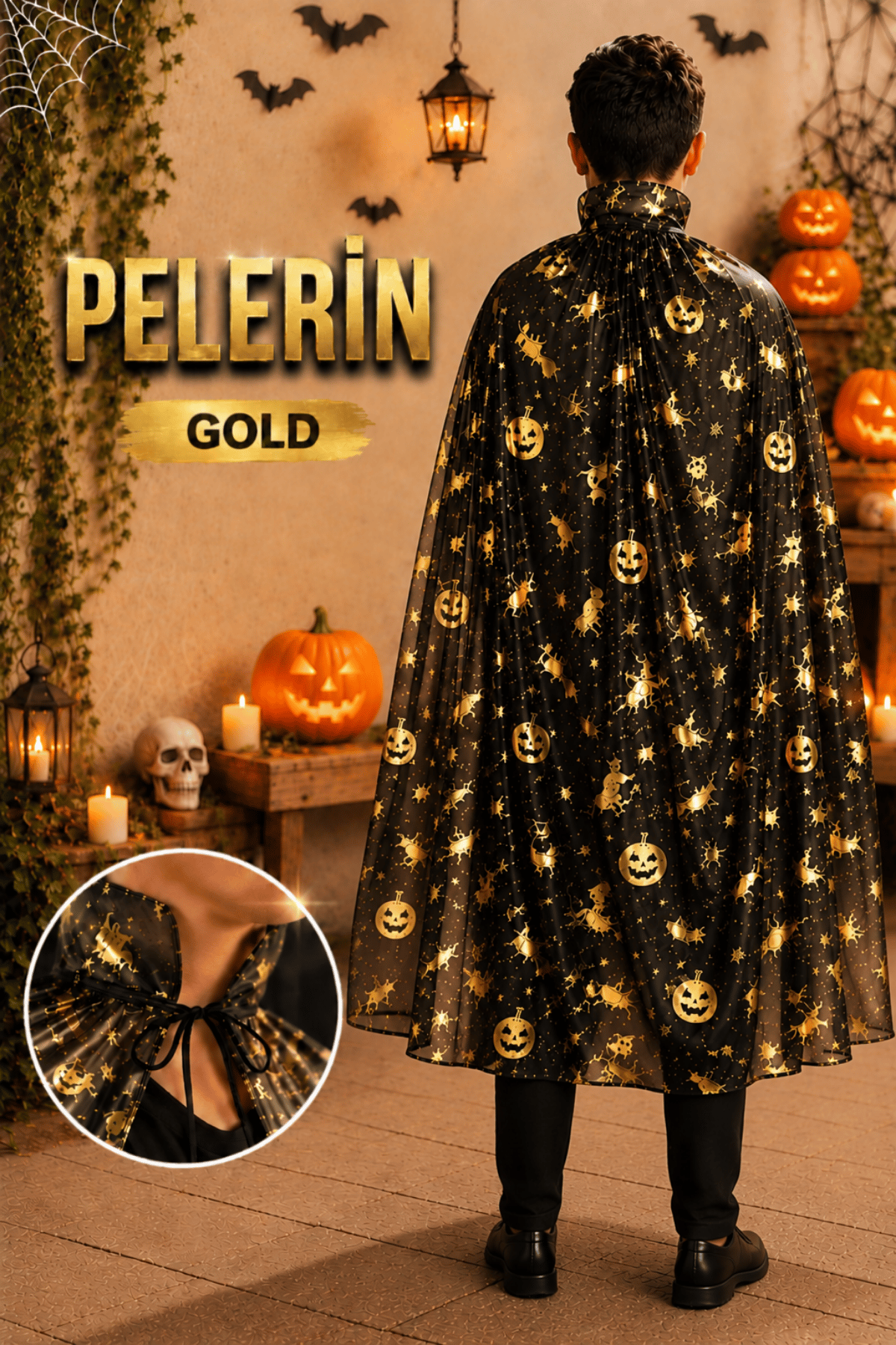 Cadılar Bayramı Pelerini Siyah Renkli Gold Altın Sarısı Cadı Yarasa Baskılı Halloween Parti Kostümü