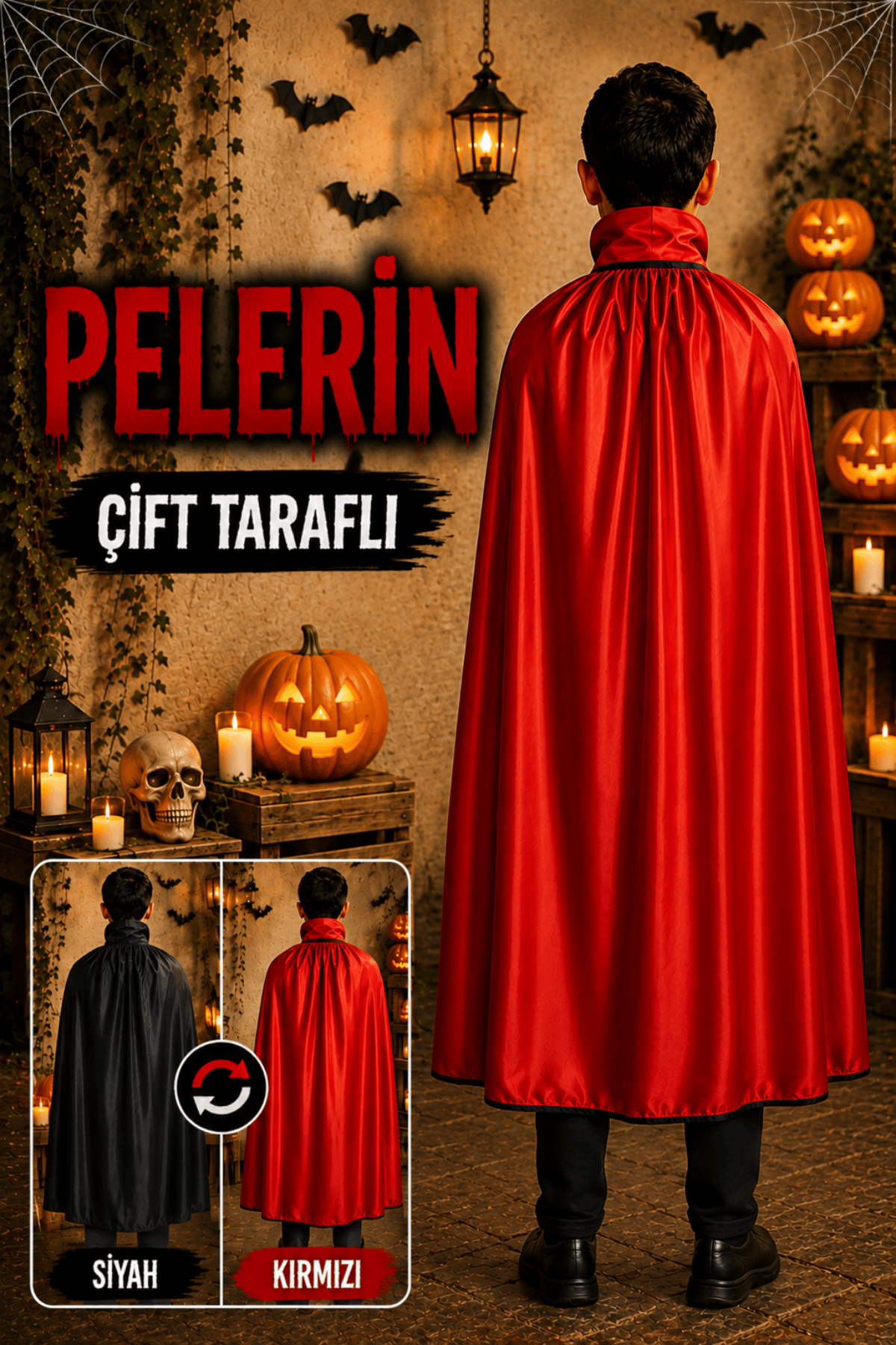 Çift Taraflı Giyilebilen Cadılar Bayramı Pelerini Siyah Kırmızı Renkli Düz Halloween Partisi Kostümü