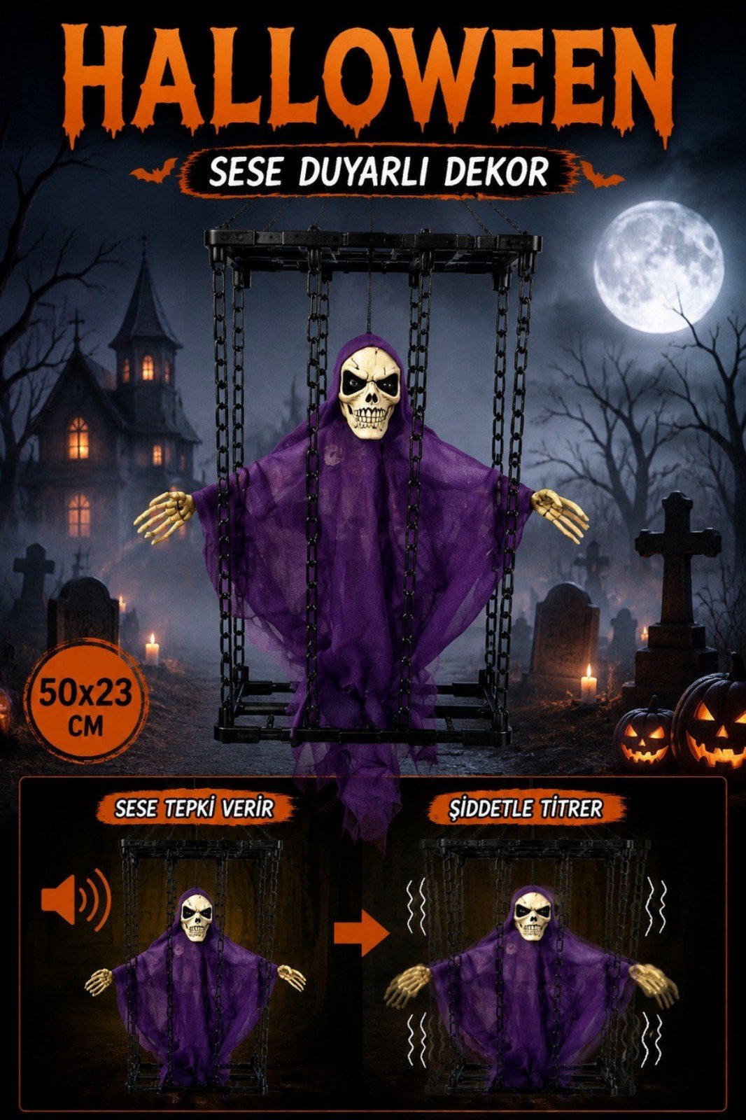 Çılgınca Titreyen Mor Kafatası Cadı 50x23 Cm Işıklı Sesli Sese Duyarlı Cadılar Bayramı Halloween