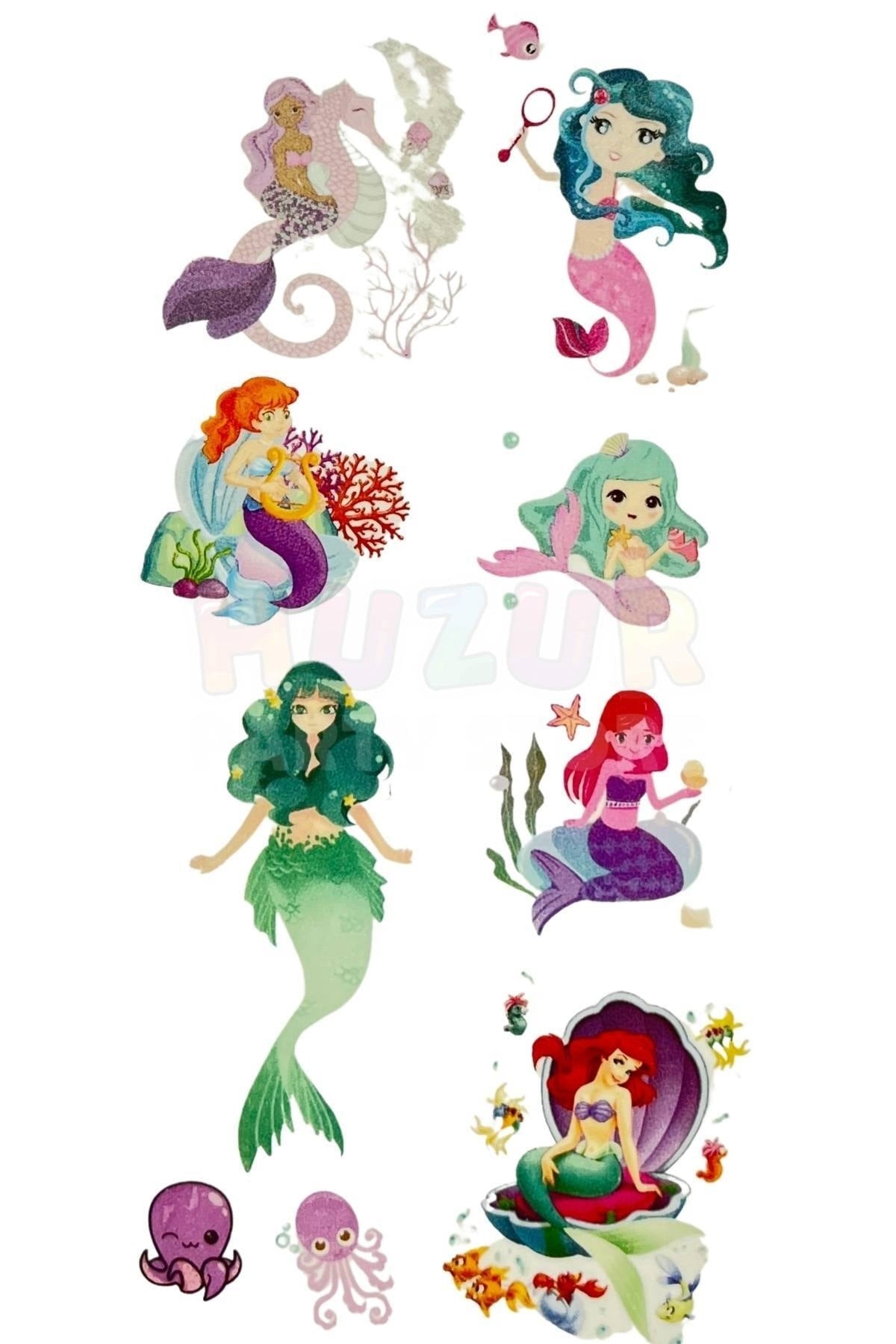 Deniz Kızı 9 Adet Geçici Çocuk Dövmesi Doğum Günü Parti Renkli Tattoo Dövme Little Mermaid Konsepti