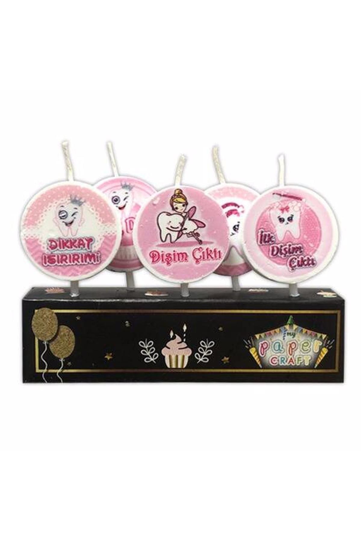 Diş Buğdayı Temalı Ilk Dişim Yazılı 3 Boyutlu Pembe Parti Doğum Günü Konsepti 5li Pasta Mumu Seti