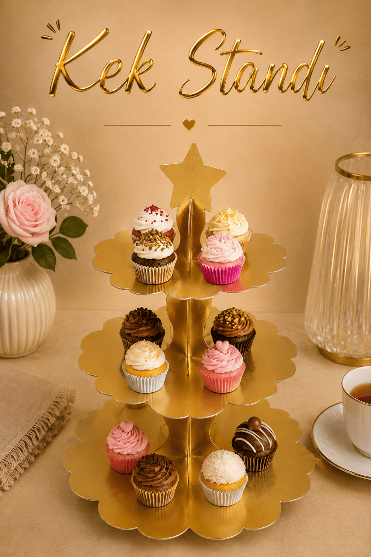 Düz Gold Kek Standı Karton Cup Cake Muffin Standı 3 Katlı Piramit Kurabiye Kulesi Altın Sarısı Renk