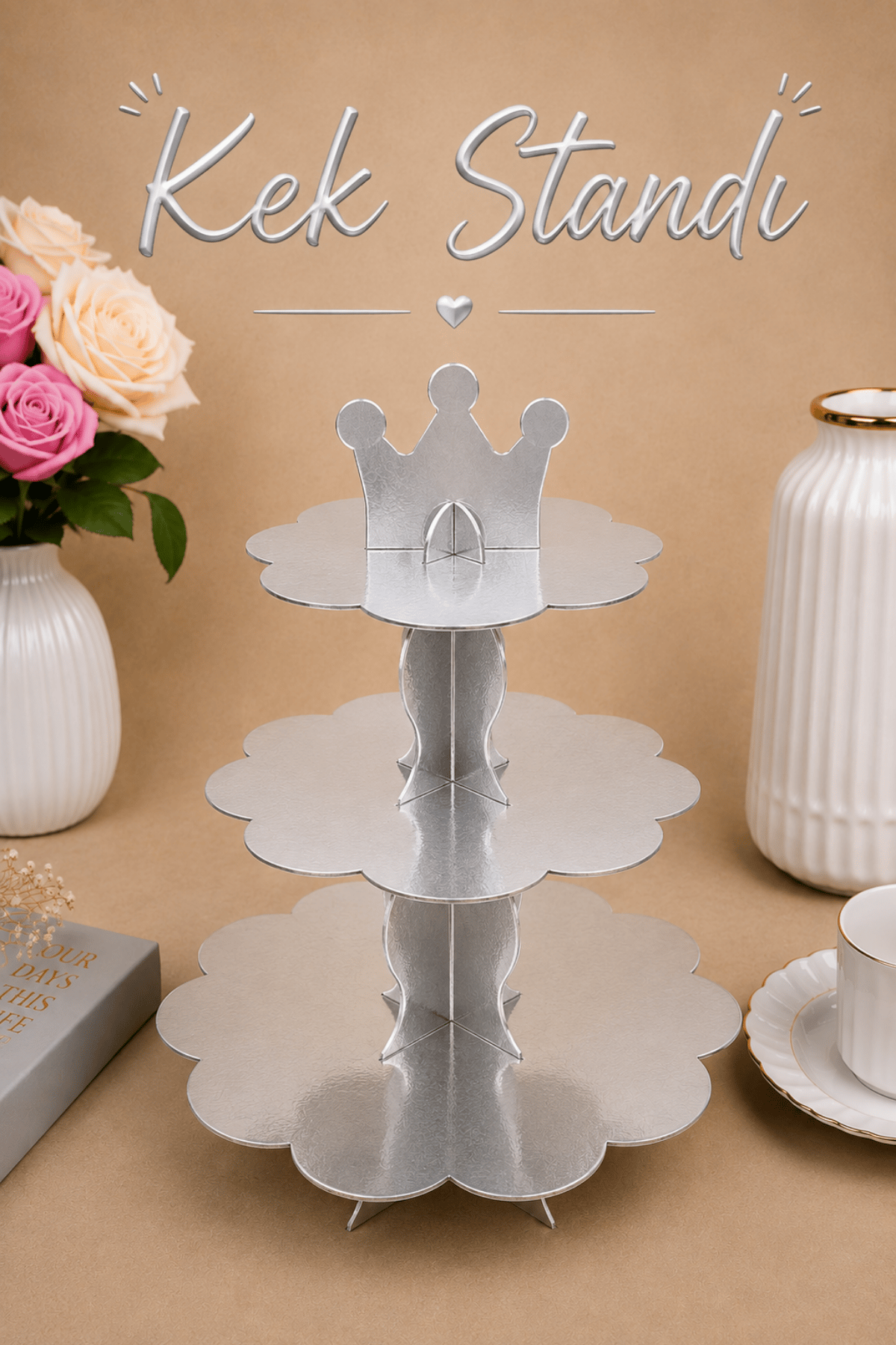Düz Gümüş Kek Standı Karton Cup Cake Muffin Standı 3 Katlı Piramit Kurabiye Kulesi Silver Gri Renk