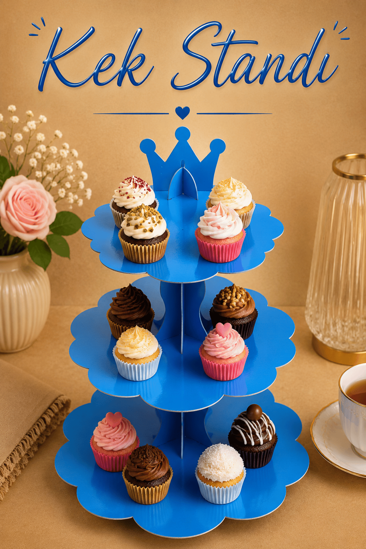 Düz Mavi Kek Standı Karton Cup Cake Muffin Standı 3 Katlı Piramit Kurabiye Kulesi Erkek Konsept