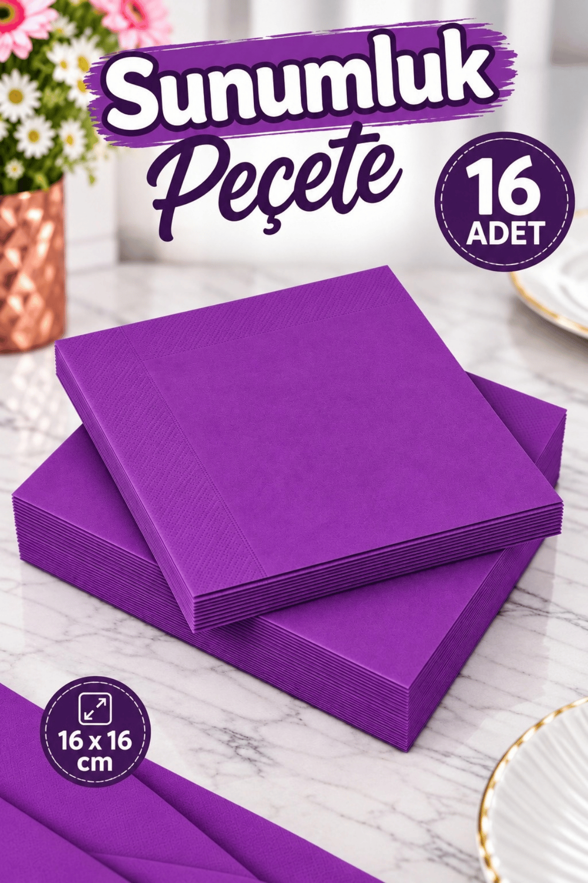 Düz Mor Renkli Peçete Sunumluk 16 Adet Dekoratif Estetik Doğum Günü Parti Konsepti 16x16 Cm