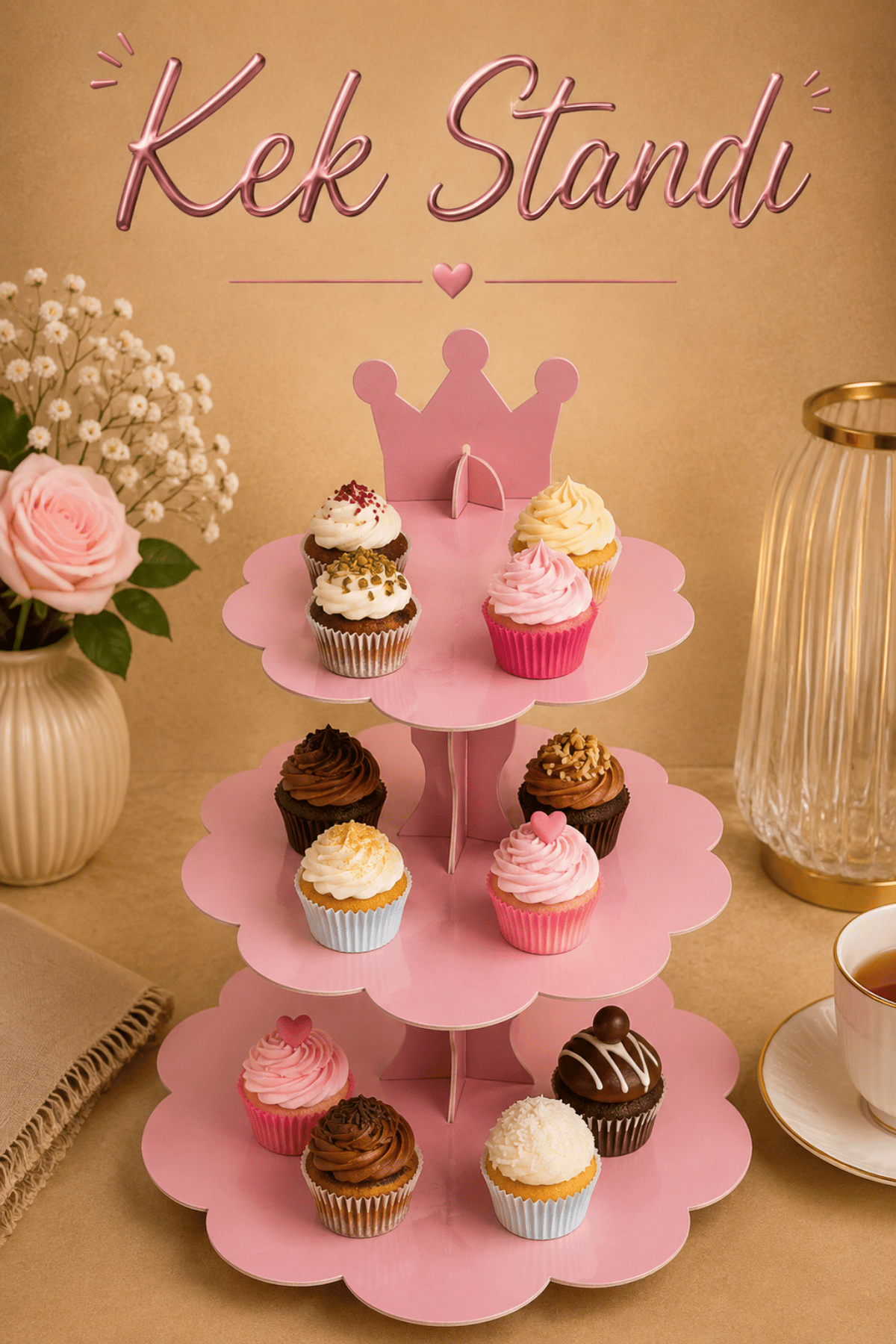 Düz Pembe Kek Standı Karton Cup Cake Muffin Standı 3 Katlı Piramit Kurabiye Kulesi Konsept Renk