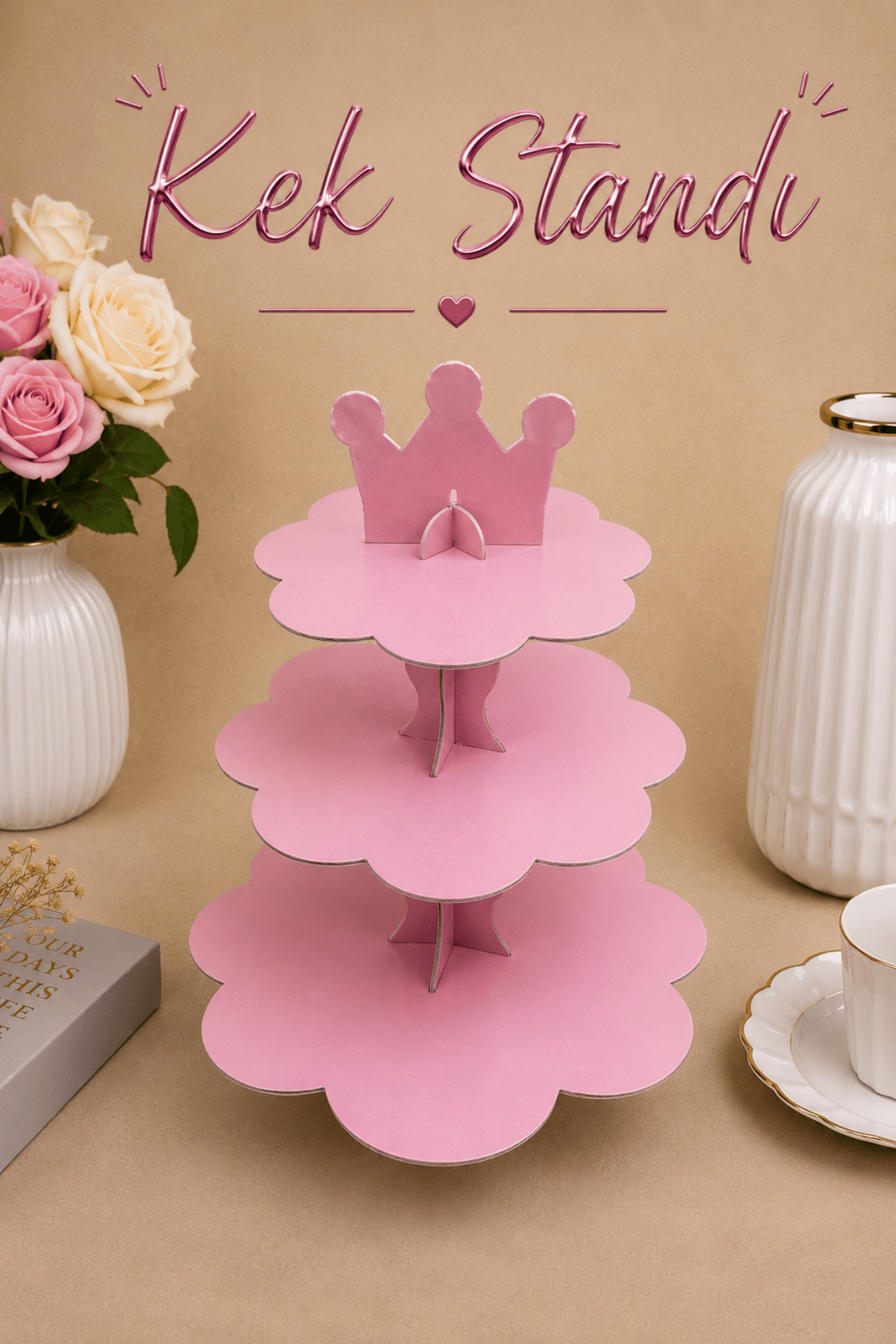 Düz Pembe Kek Standı Karton Cup Cake Muffin Standı 3 Katlı Piramit Kurabiye Kulesi Konsept Renk