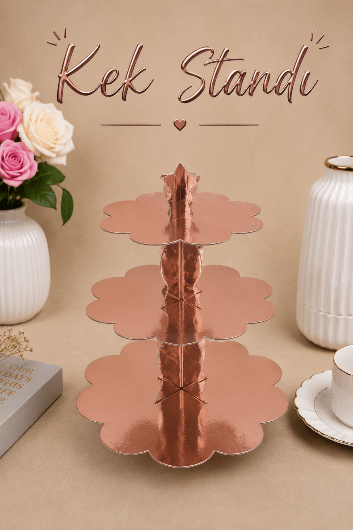Düz Rose Gold Kek Standı Karton Cup Cake Standı 3 Katlı Piramit Kurabiye Kulesi