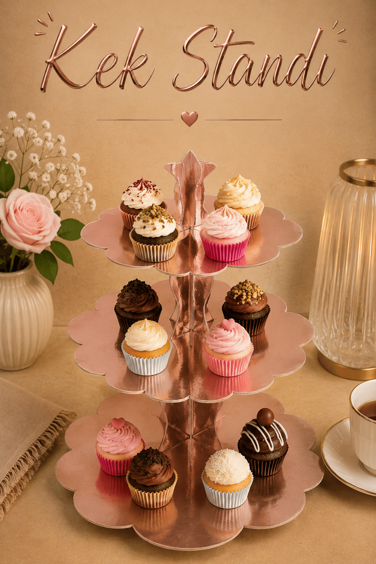 Düz Rose Gold Kek Standı Karton Cup Cake Standı 3 Katlı Piramit Kurabiye Kulesi