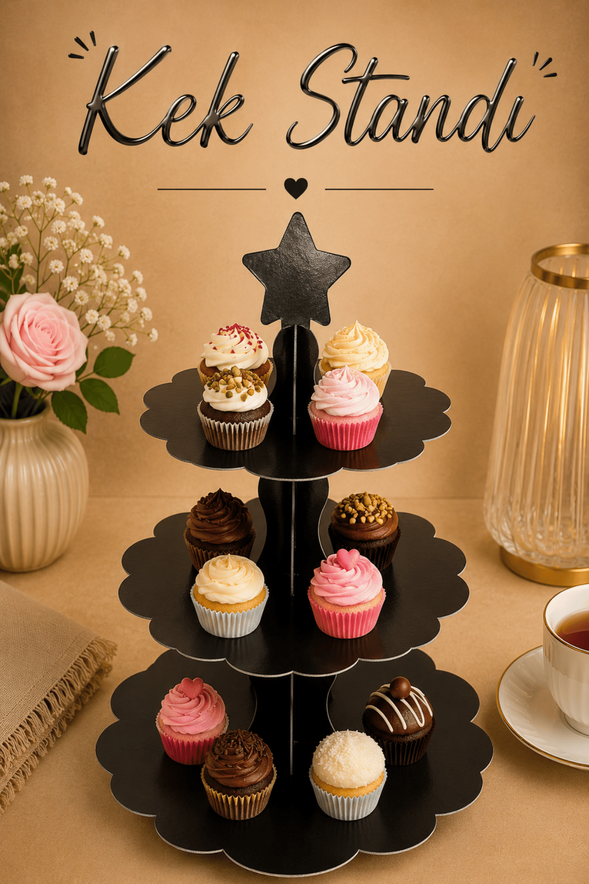 Düz Siyah Kek Standı Karton Cup Cake Muffin Standı 3 Katlı Piramit Kurabiye Kulesi Konsept Renk